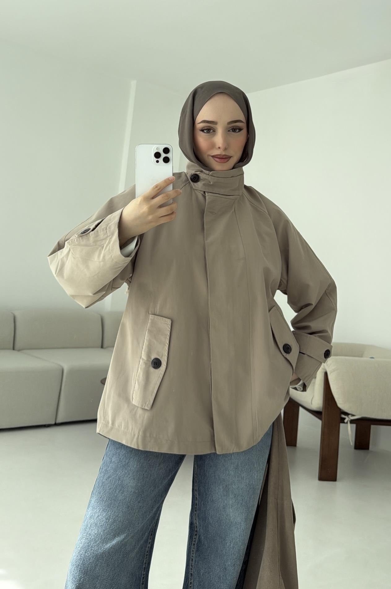 Minimal Yakalı Trençkot Vizon