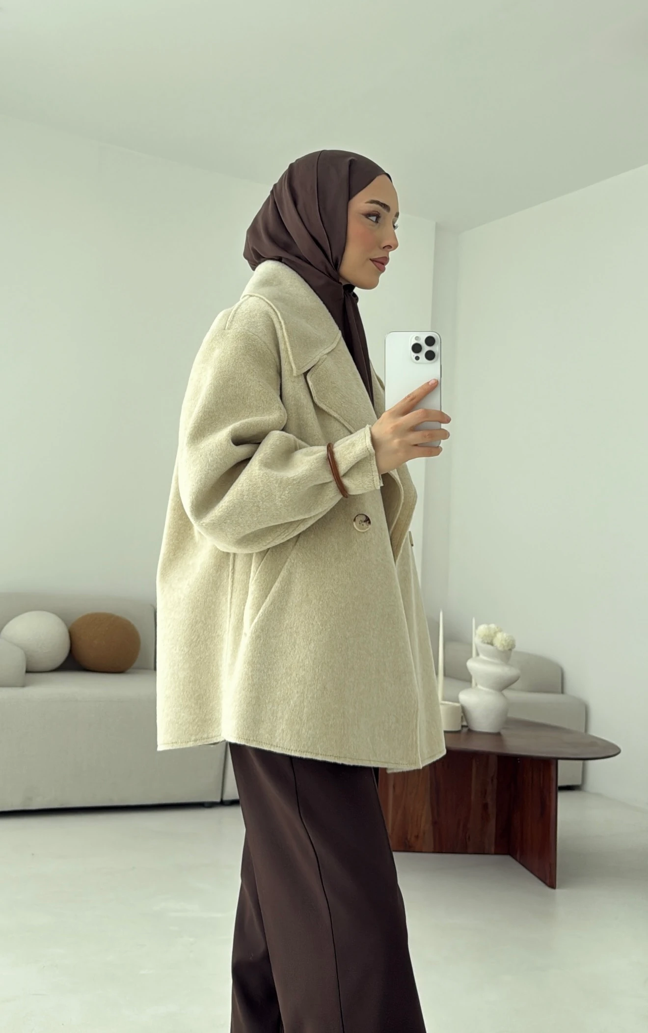 Yumuşak Şal Yaka Kaban Bej