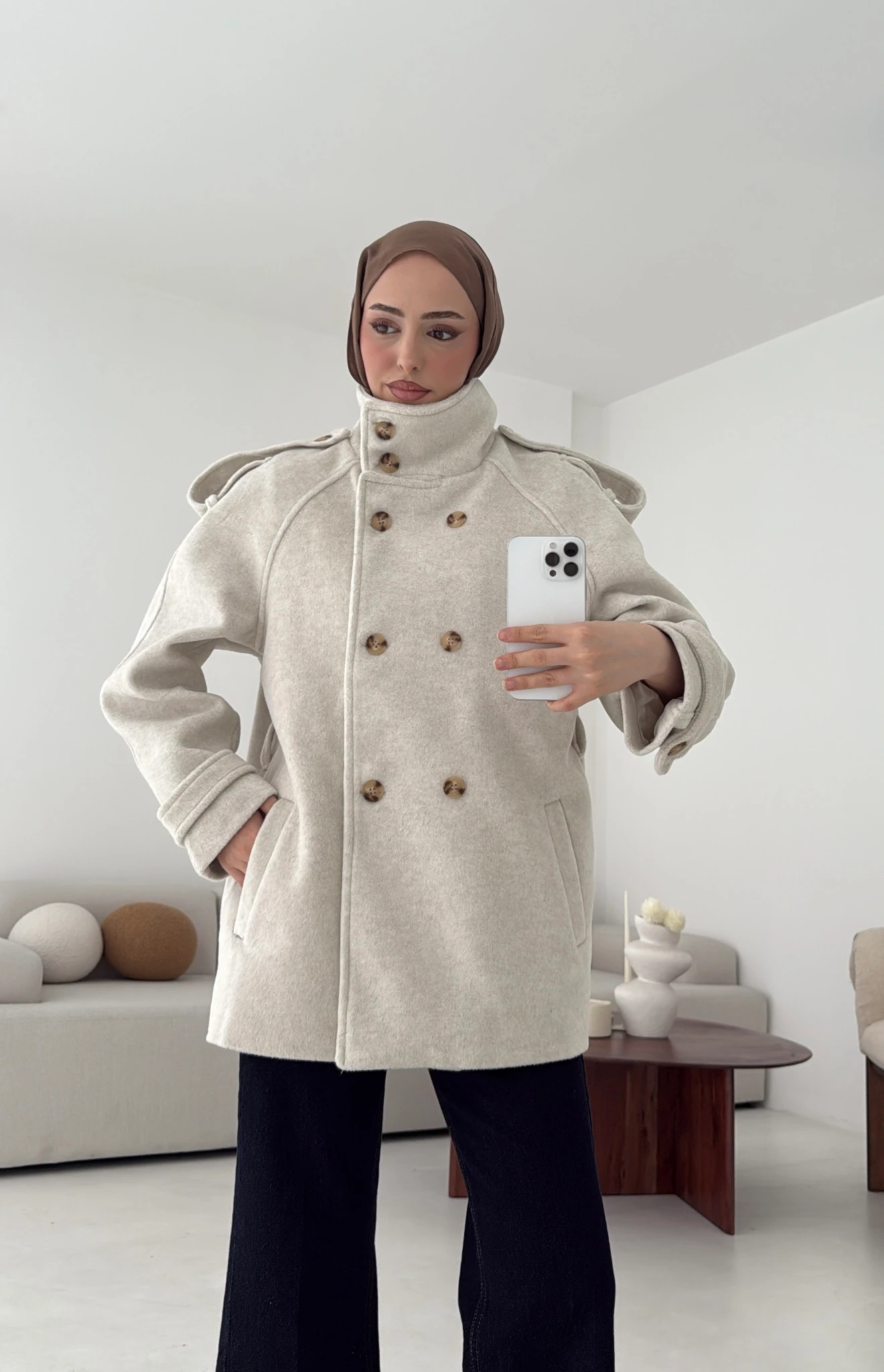 Kuşaklı Oversize Kaşe Kaban Bej