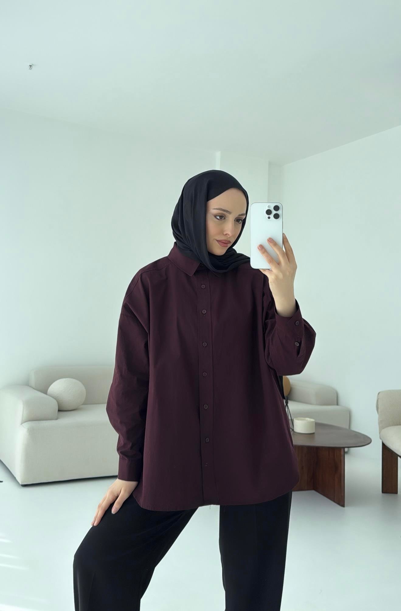 Poplin Oversize Gömlek Bordo