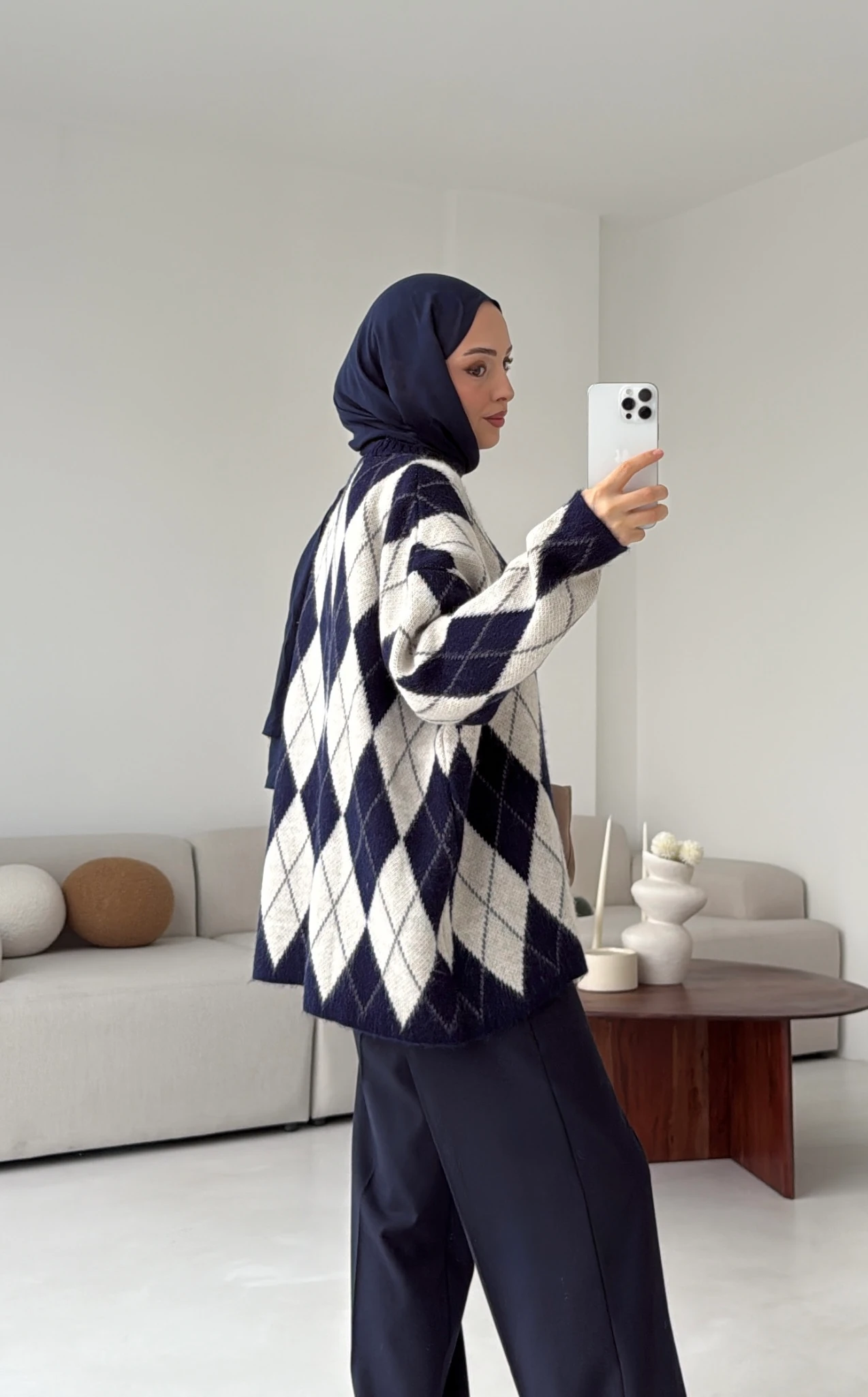 Premium Desenli Kalın Kazak Krem/Lacivert