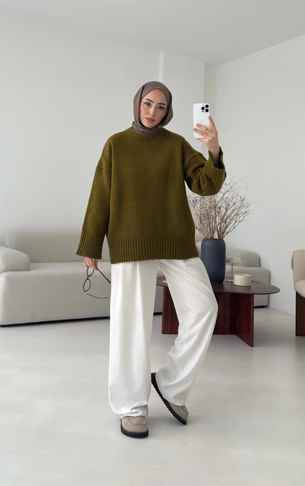 Çift Kat Triko Kazak Zeytin Yeşili