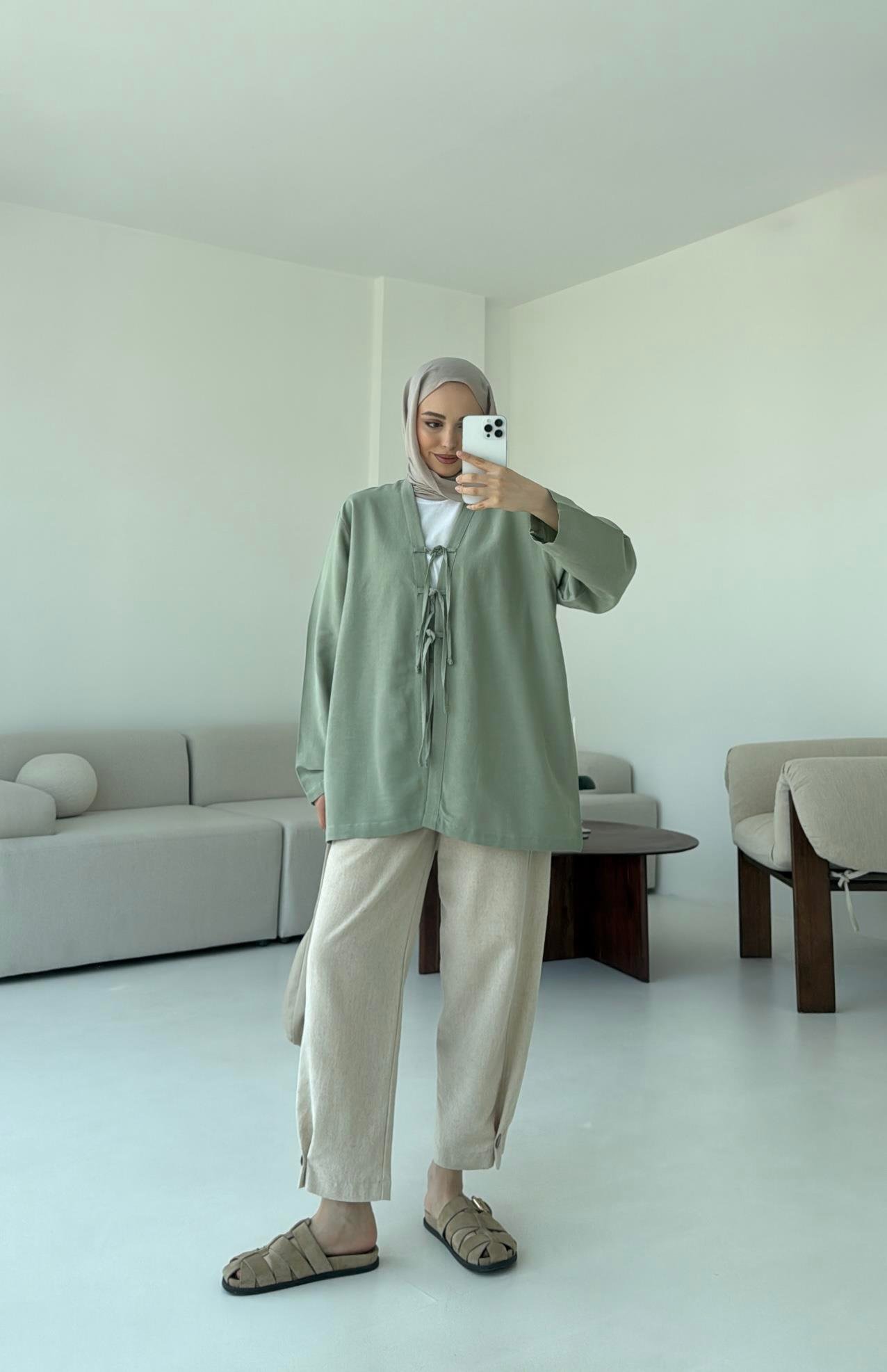 Keten Üç Bağlamalı Kimono Çağla