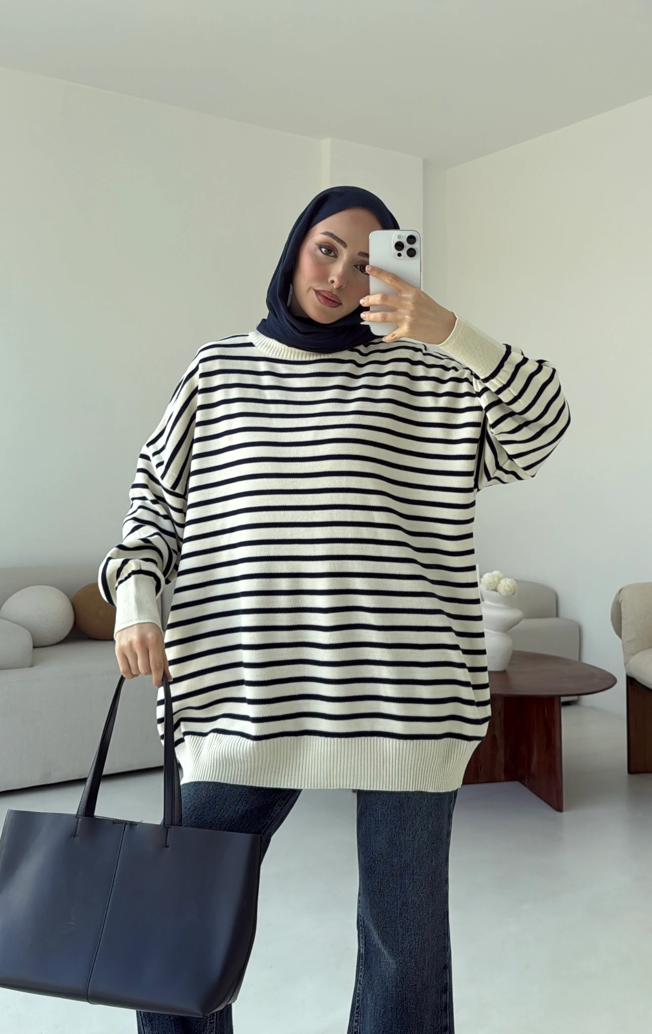 Çizgili Triko Kazak Ekru