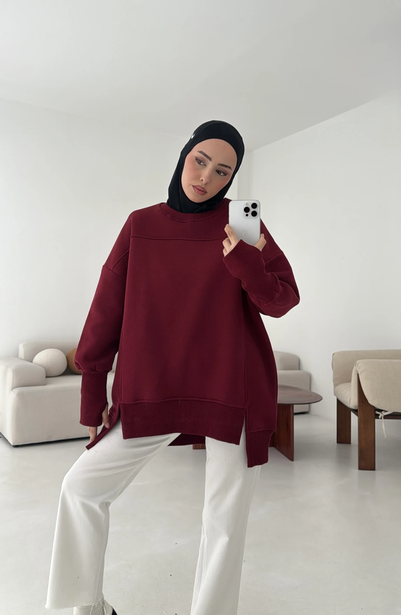 Parmak Geçmeli Asimetri Kesim Sweat Bordo