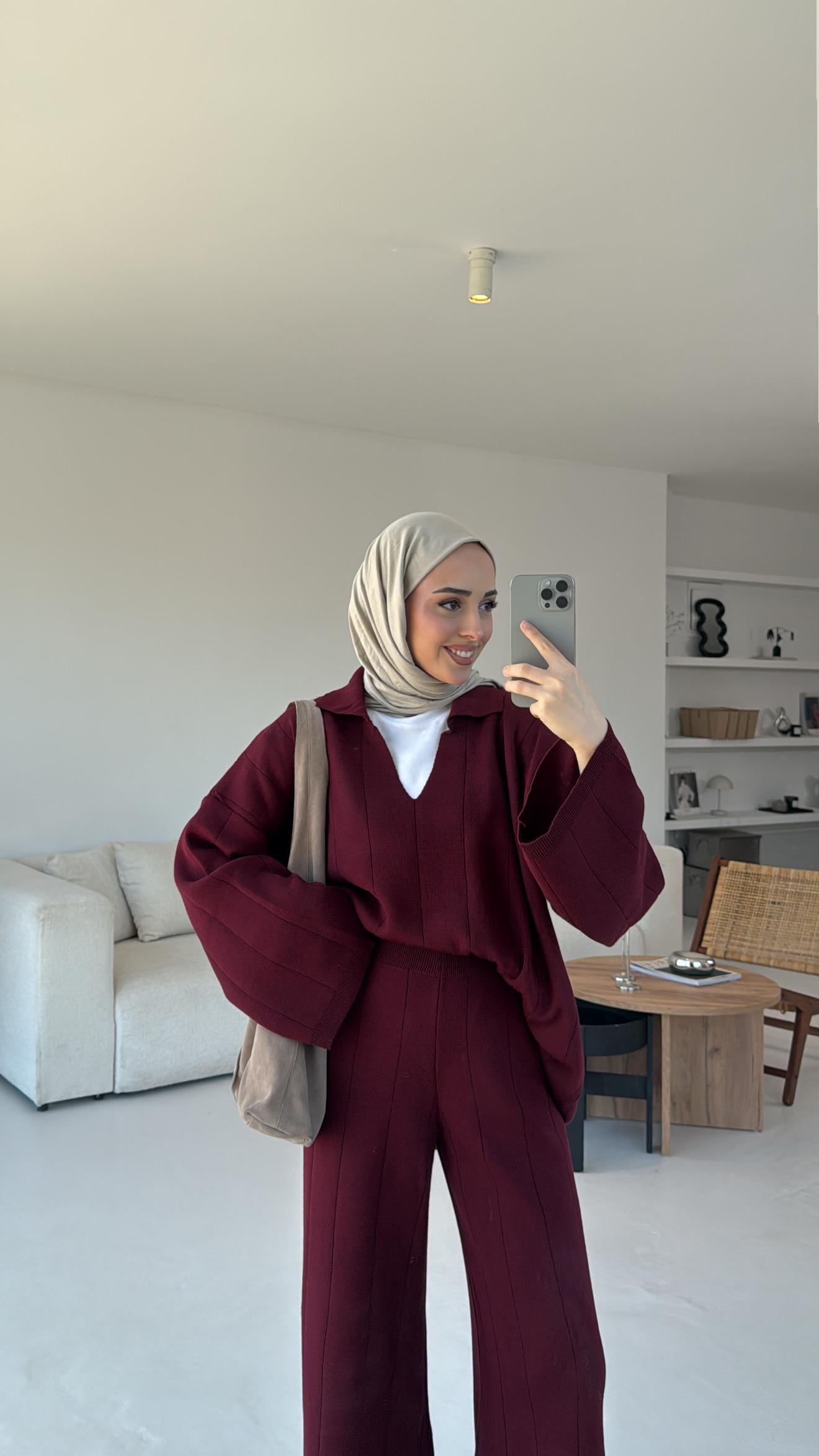 Düz Fitilli Triko Takım Bordo