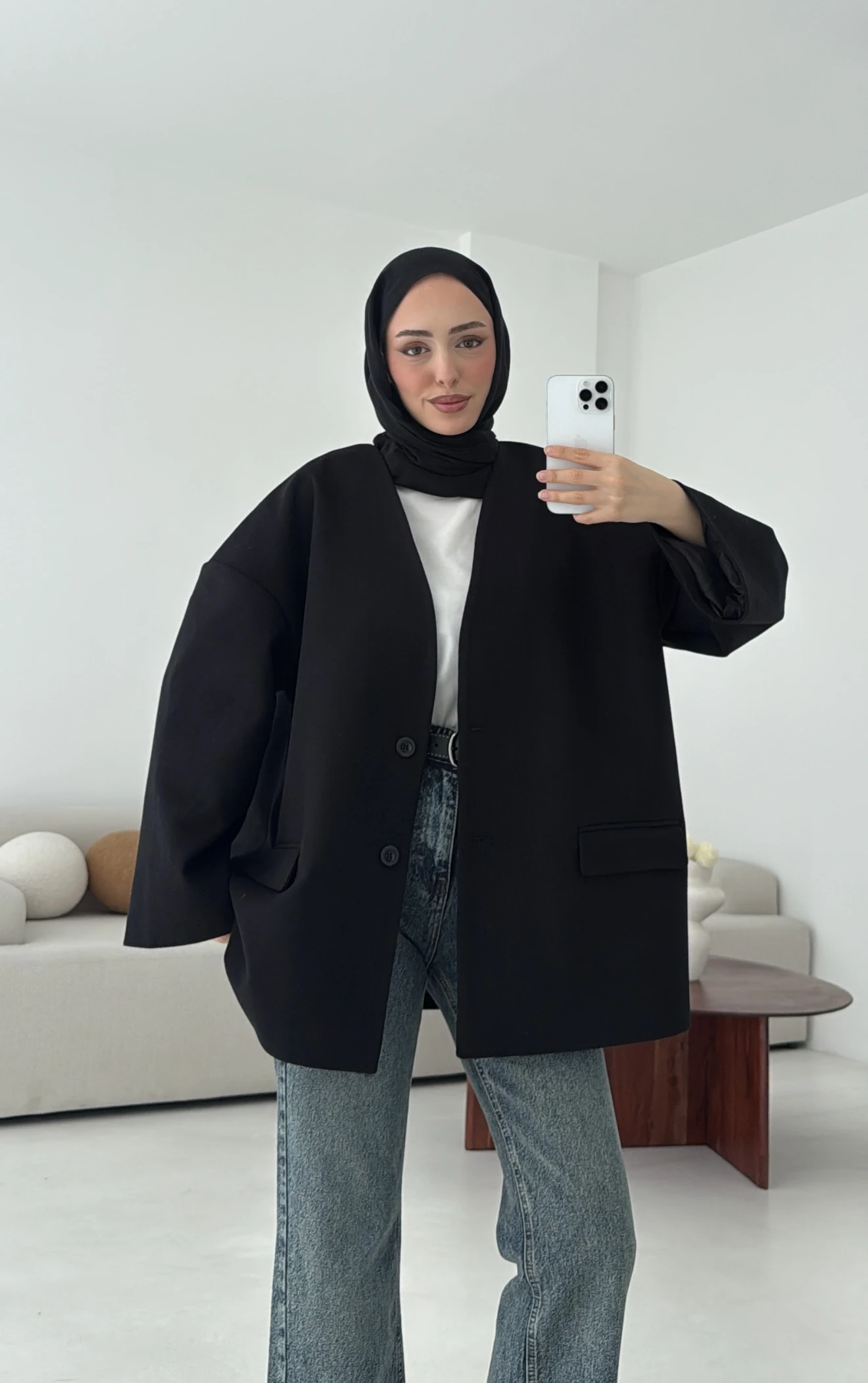 Düşük Omuz Atkılı Kaşe Ceket Siyah