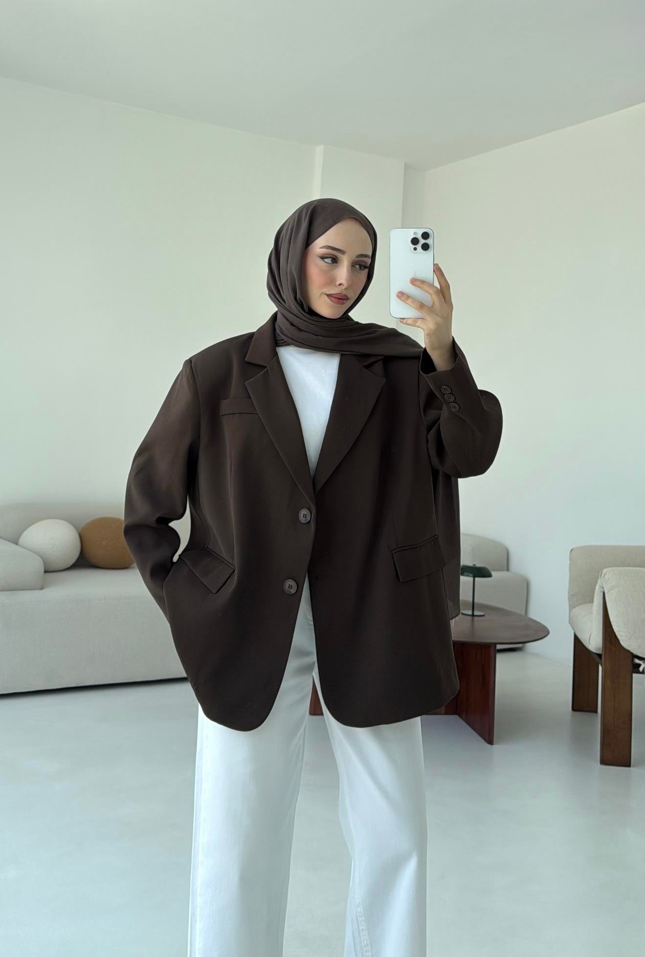 Çift Dügmeli Oversize Blazer Ceket Kahve