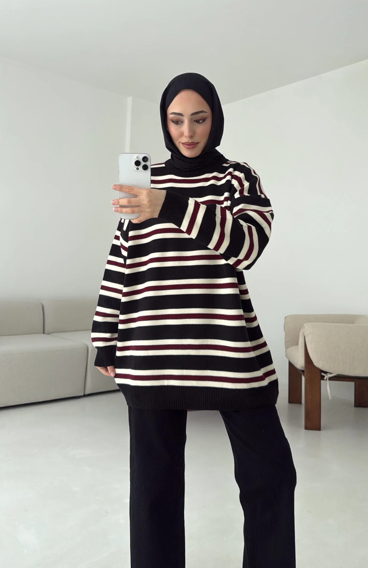 Bisiklet Yaka Çizgili Uzun Triko Kazak Siyah