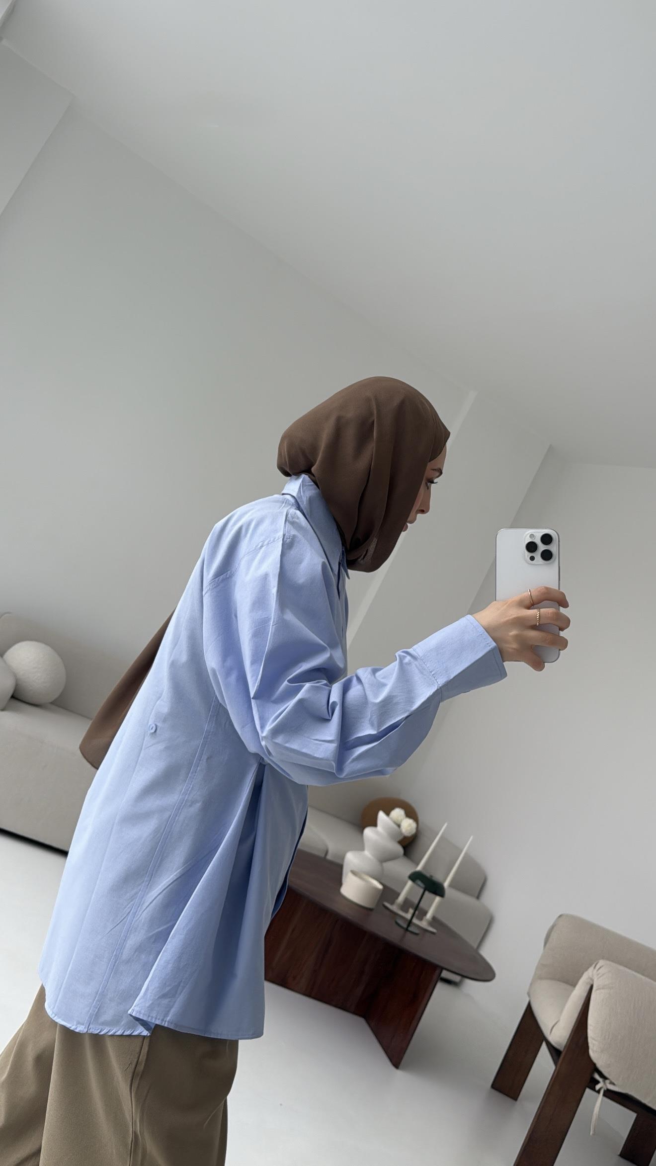 Yanları Düğmeli Gömlek Mavi