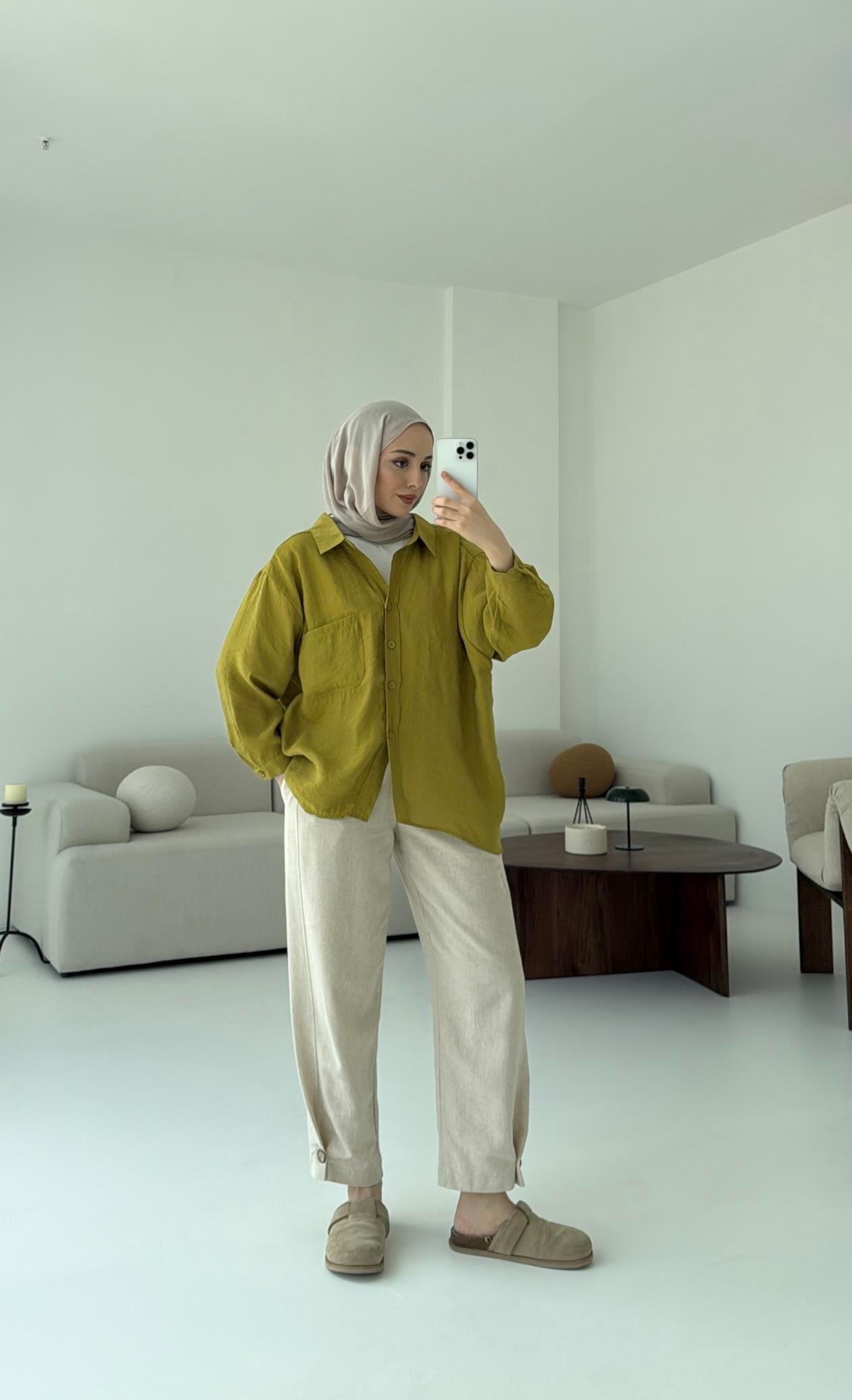 Düşük Omuz Oversize Gömlek Yağ Yeşili