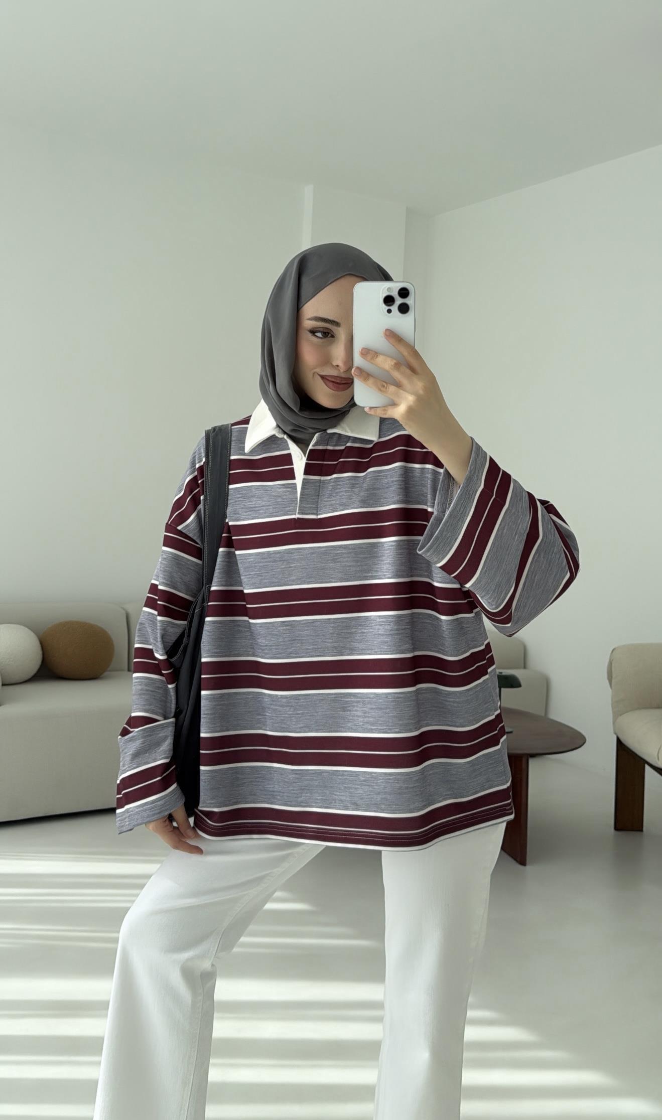 Gri Çizgili Polo Yaka Sweatshrt