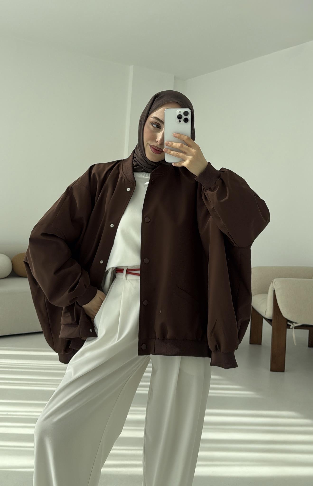 Overize Asimetrik Kesim Bomber Ceket Kahve