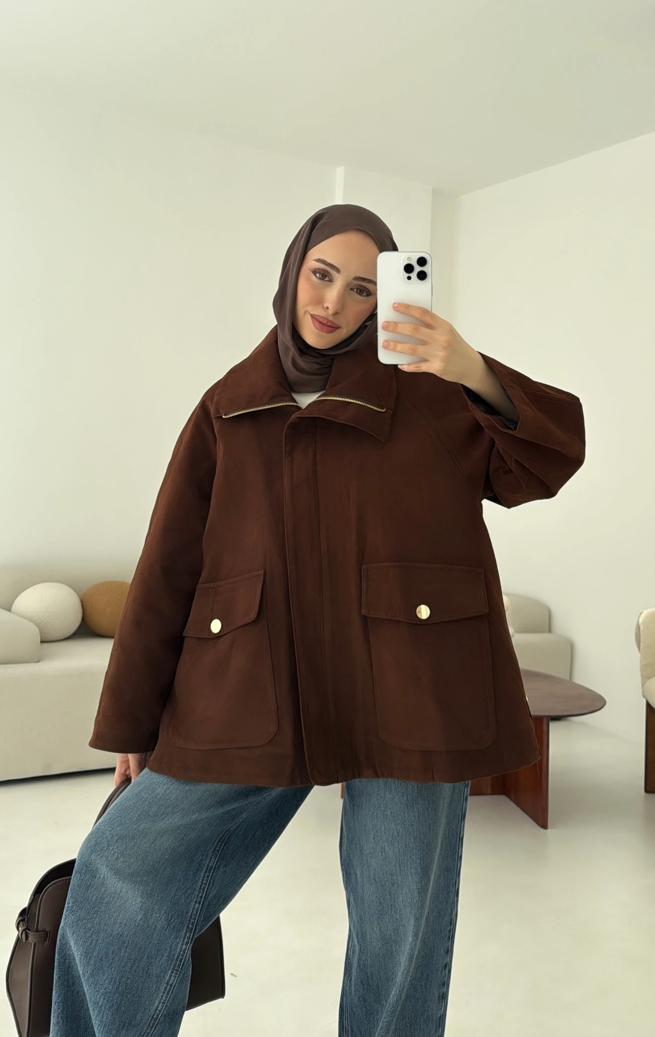 Oversize Dolgulu Süet Ceket Kahve