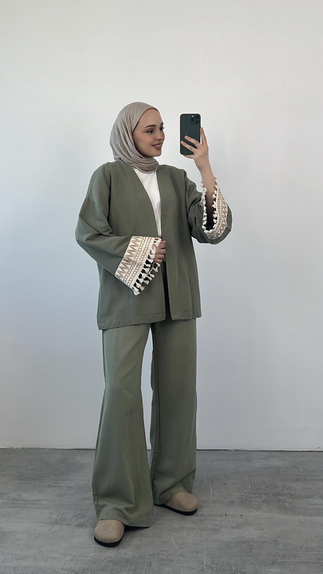Kol Detay Kimonolu Keten Takım Yeşil