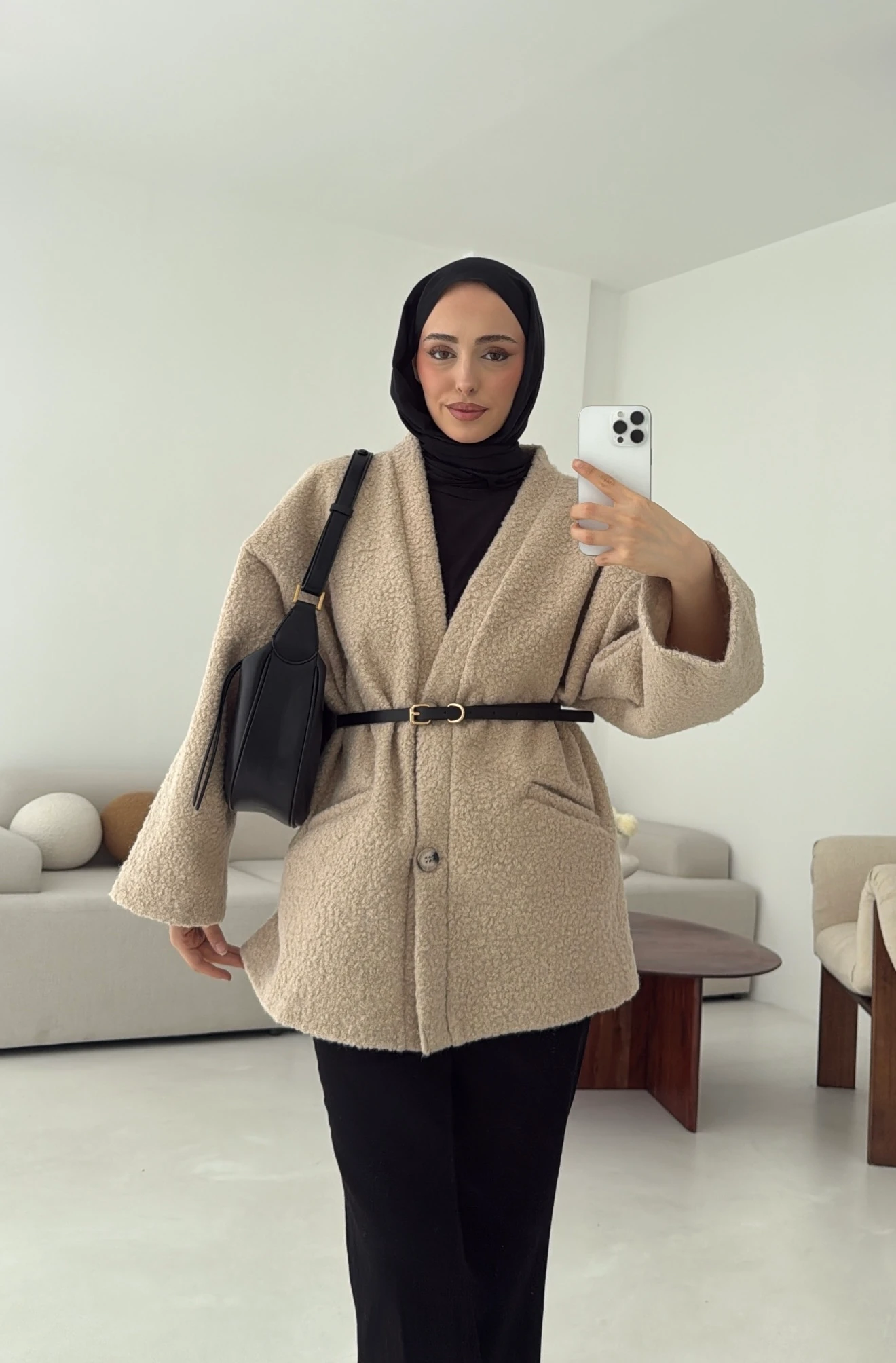 Kemerli Buklet Ceket Bej