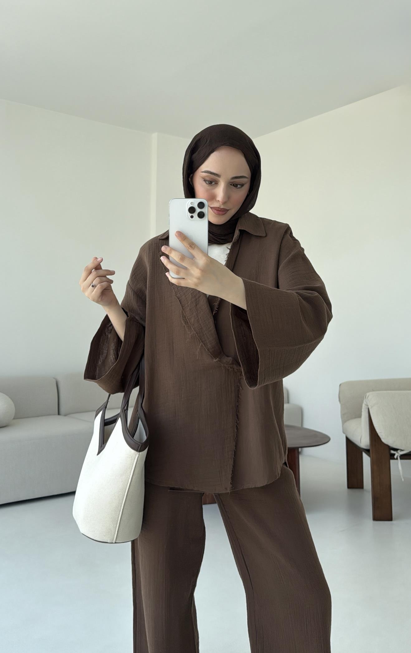 Müslin Düğmeli Kimono Takım Kahve