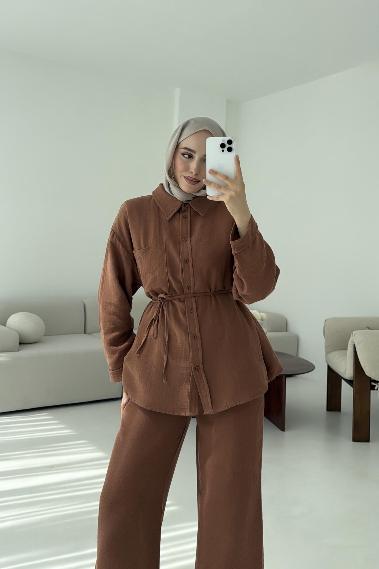 Müslin Pantolon Takım Kahverengi