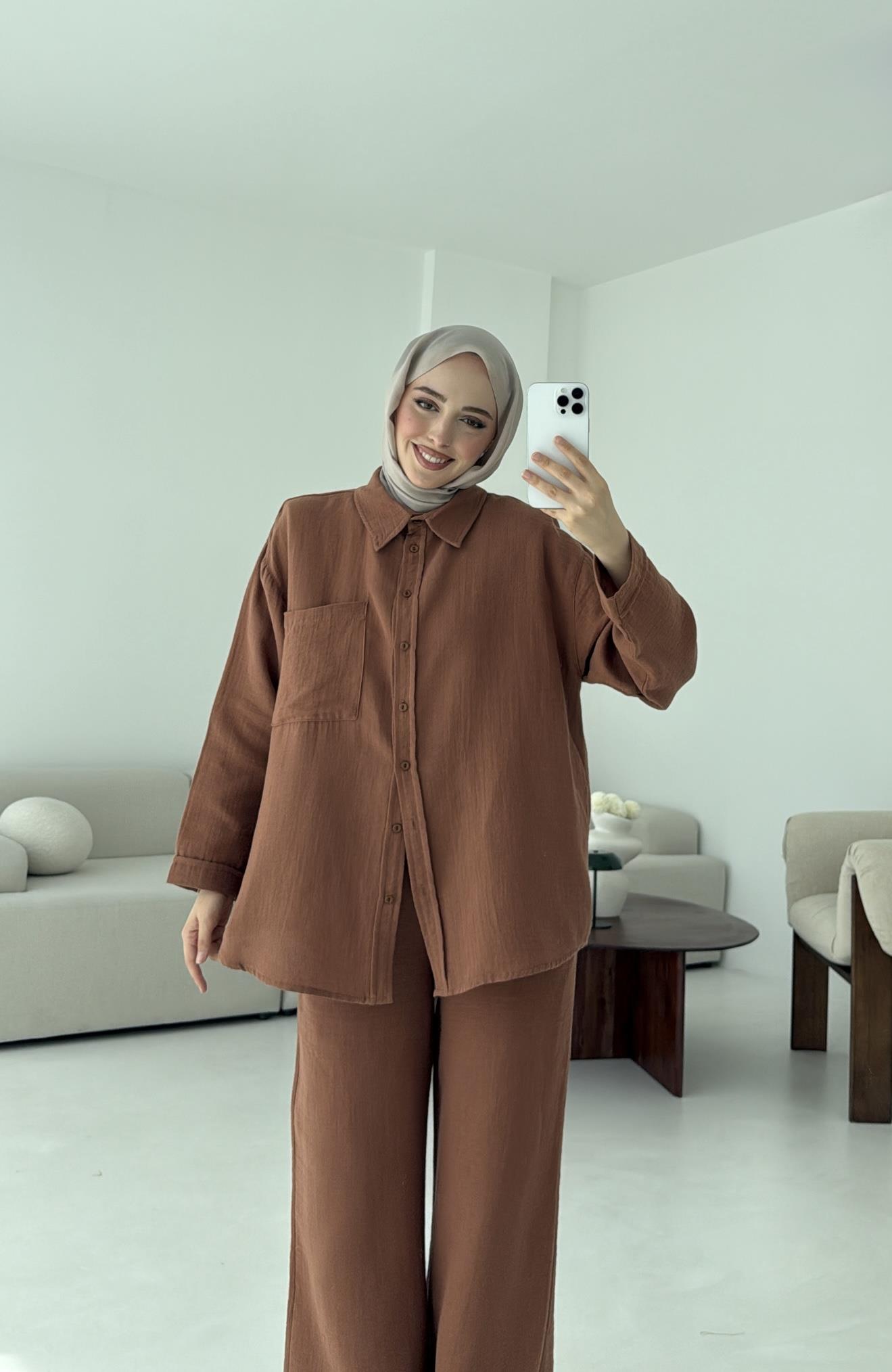Müslin Pantolon Takım Kahverengi