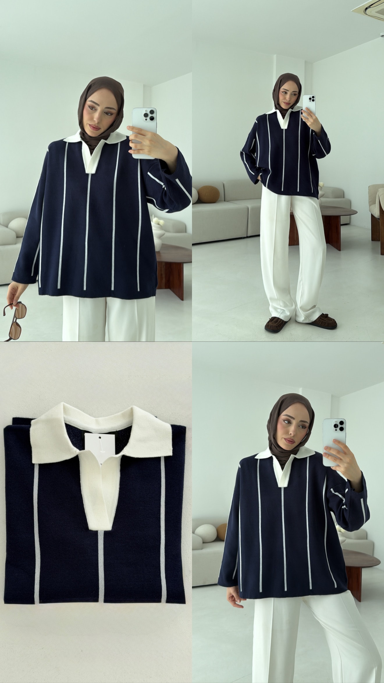 Lacivert-Kemik Polo Yaka Triko