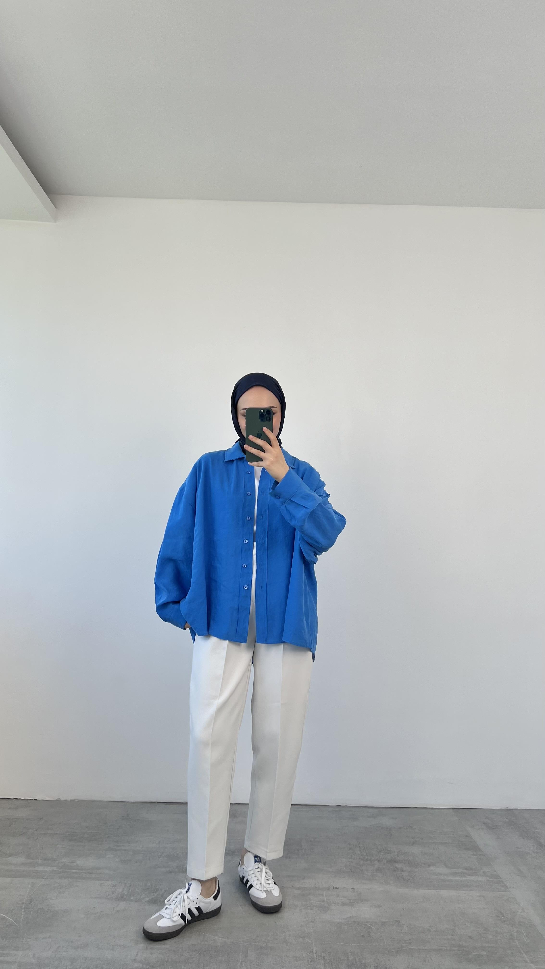 Tencel Pis Dikiş Oversize Saks Mavi  Gömlek