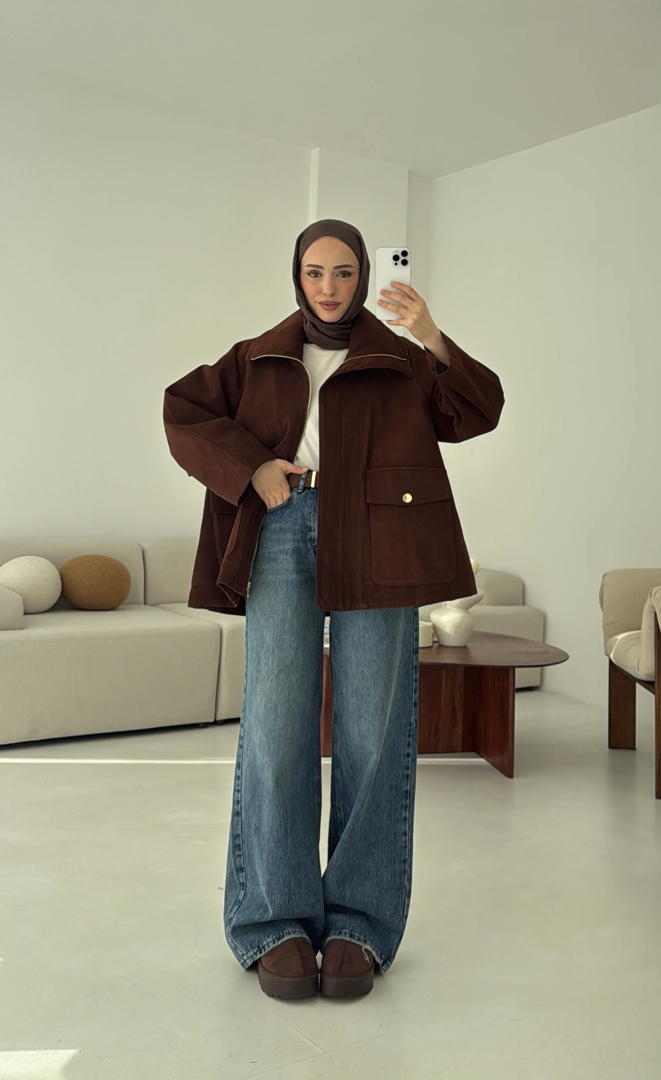 Oversize Dolgulu Süet Ceket Kahve