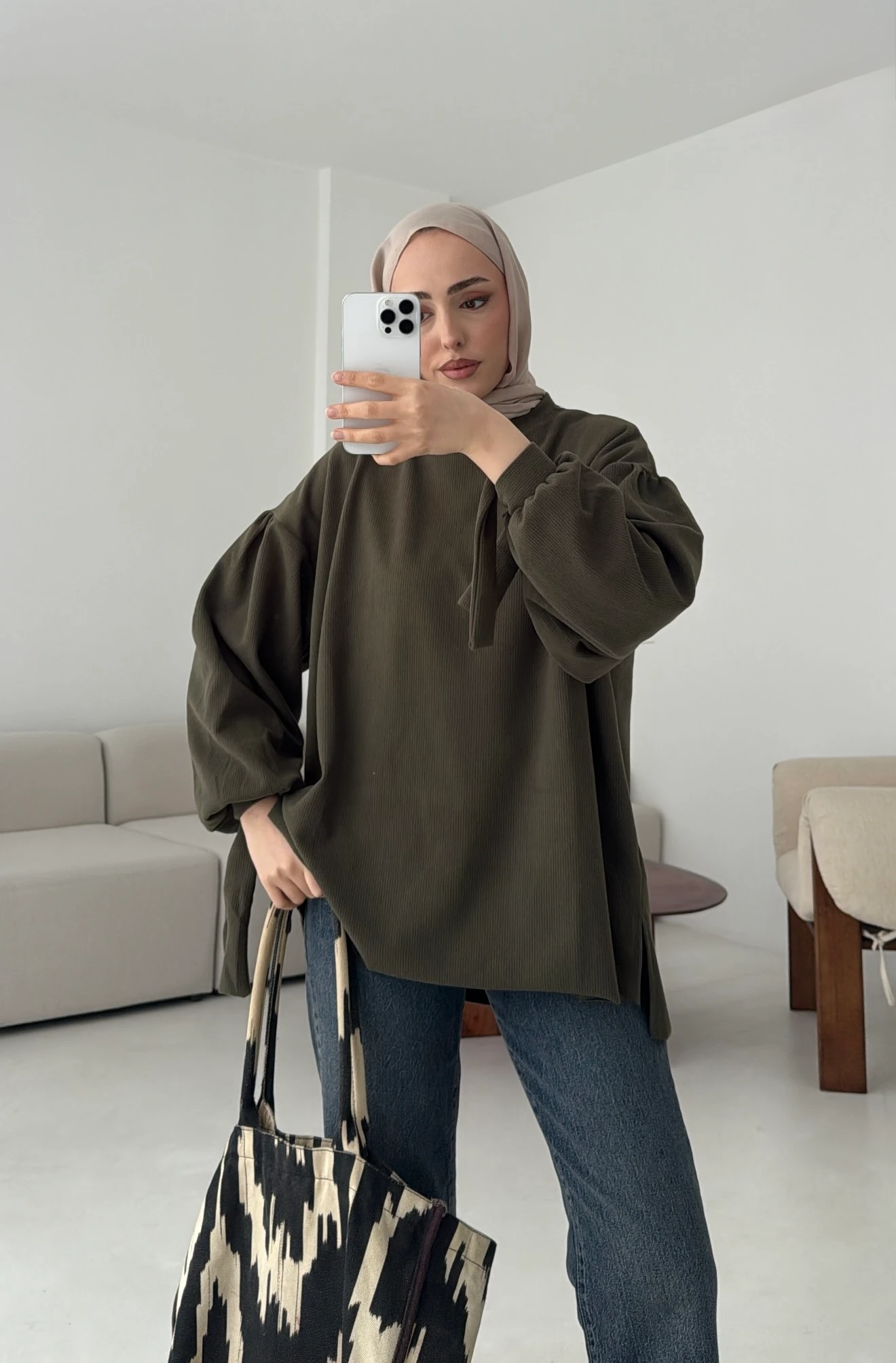 Selanik Balon Kol Bagcıklı Sweat Haki