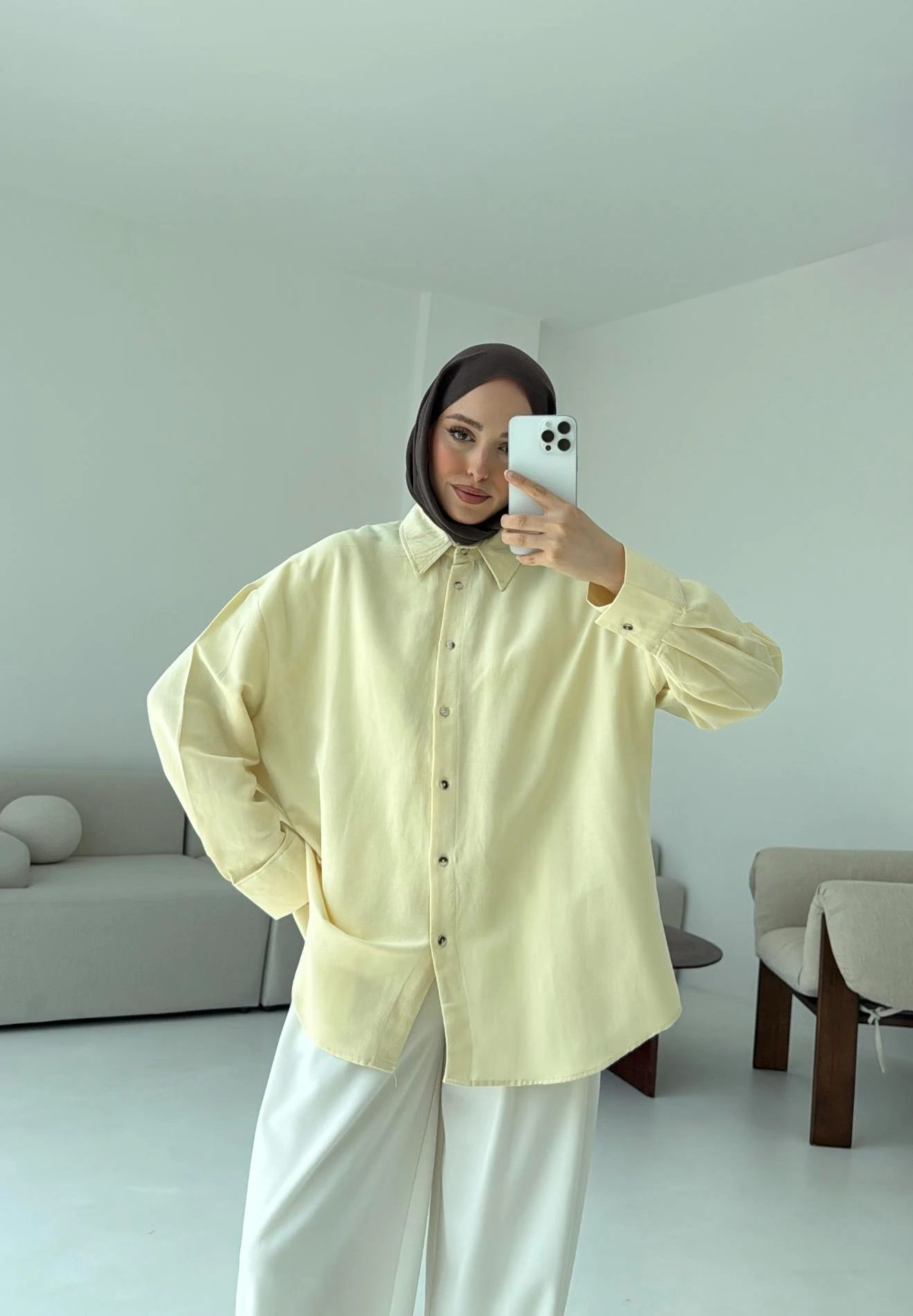 Basic Oversize  Keten Gömlek Sarı