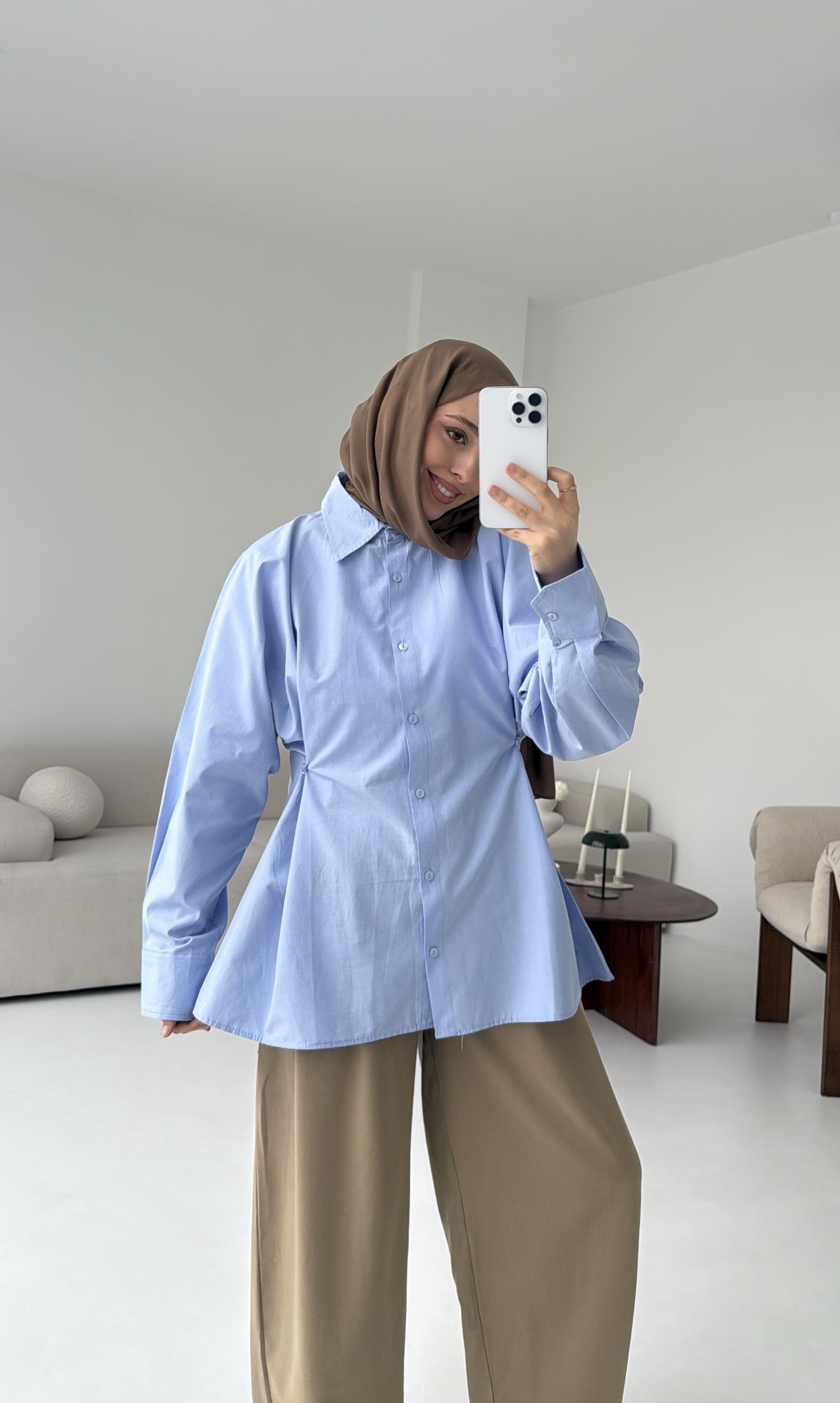 Yanları Düğmeli Gömlek Mavi
