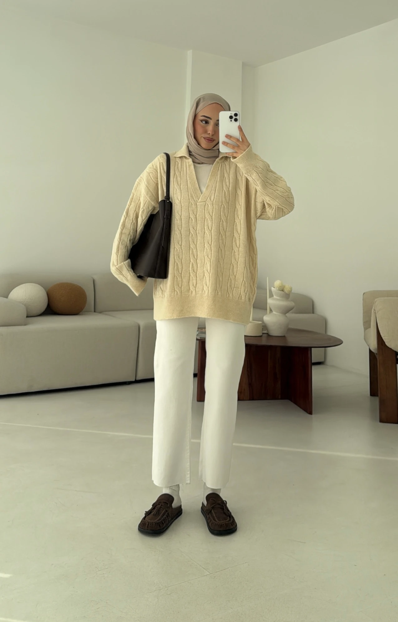 Polo Yaka Örgü Kazak Krem