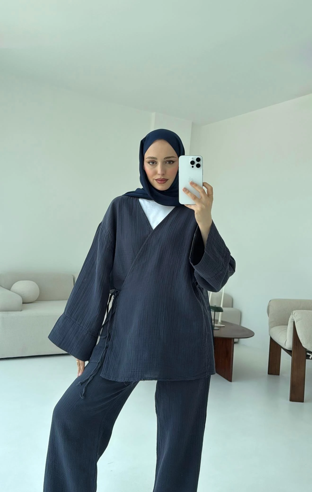 Müslin Yandan Baglamalı Takım Lacivert