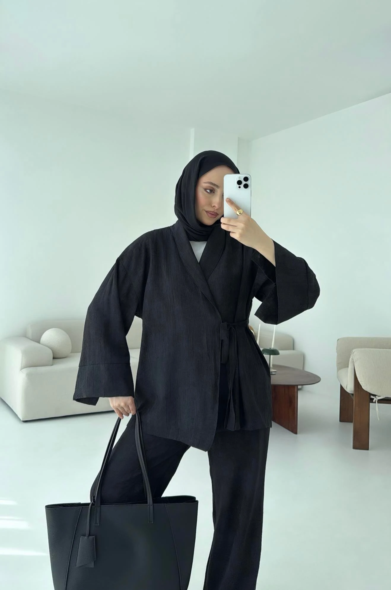 Siyah Yandan Baglamalı Kimono Takım