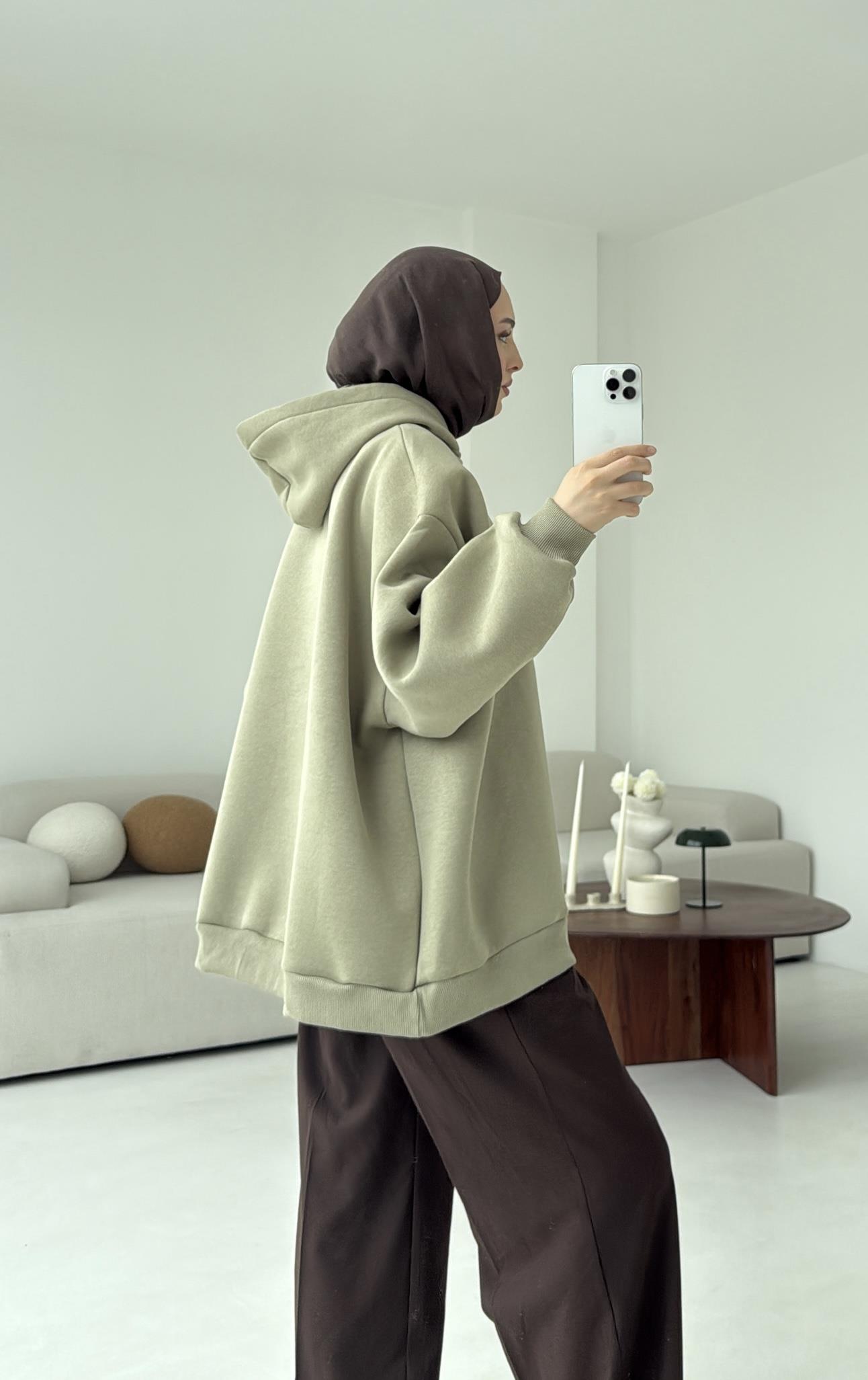 Kapüşonlu Oversize Şardonlu Sweatshirt Cagla