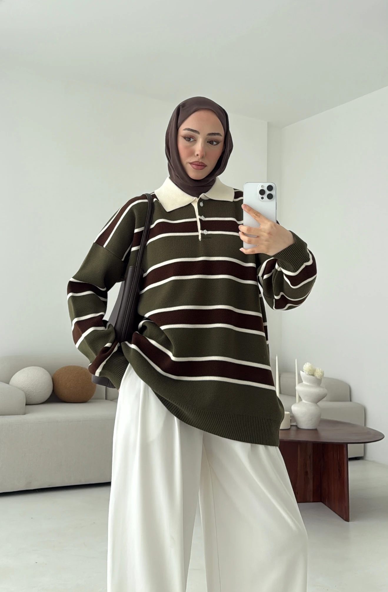 Haki Kahve Çizgili Triko Kazak