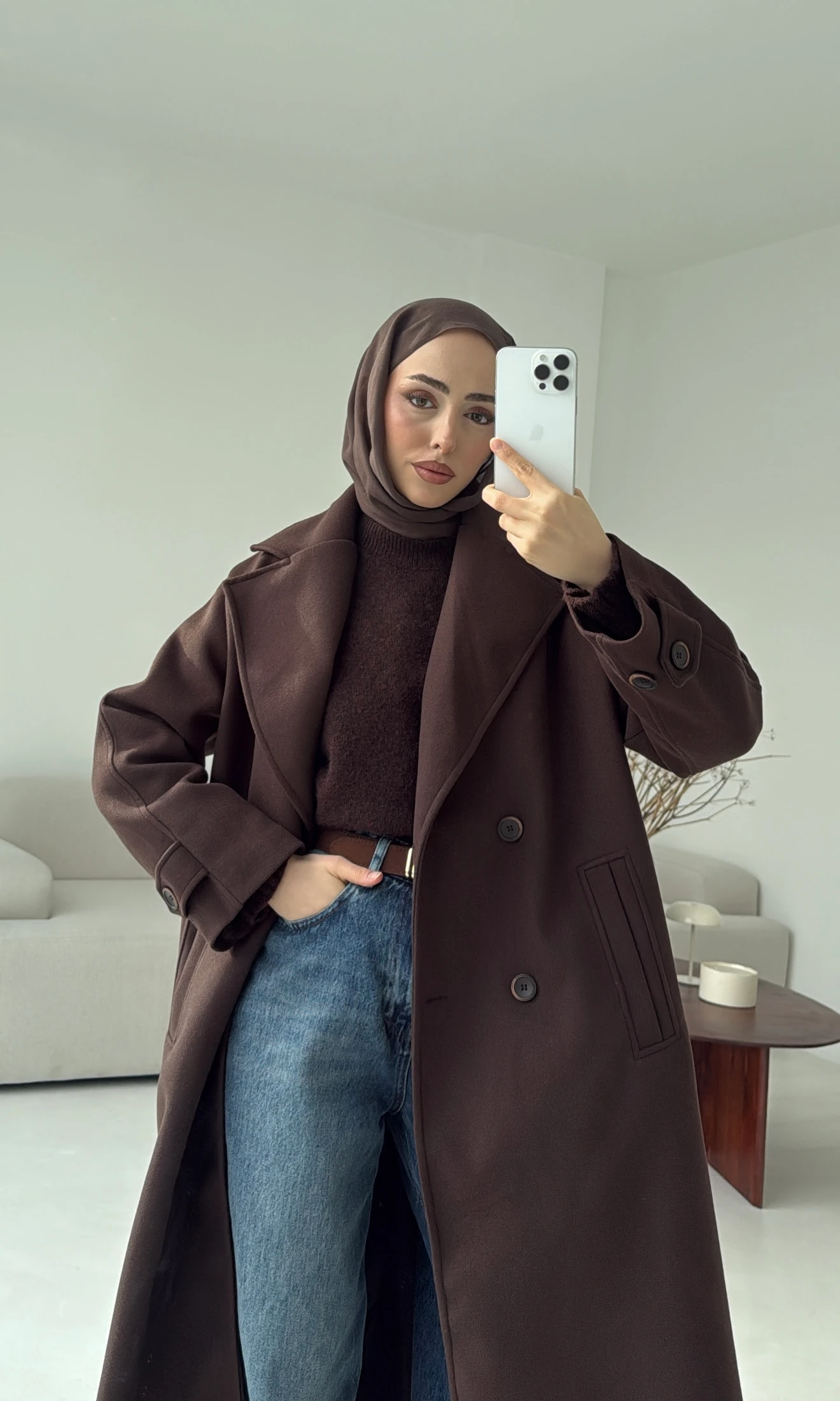 Çift Düğmeli Uzun Kaban Kahve