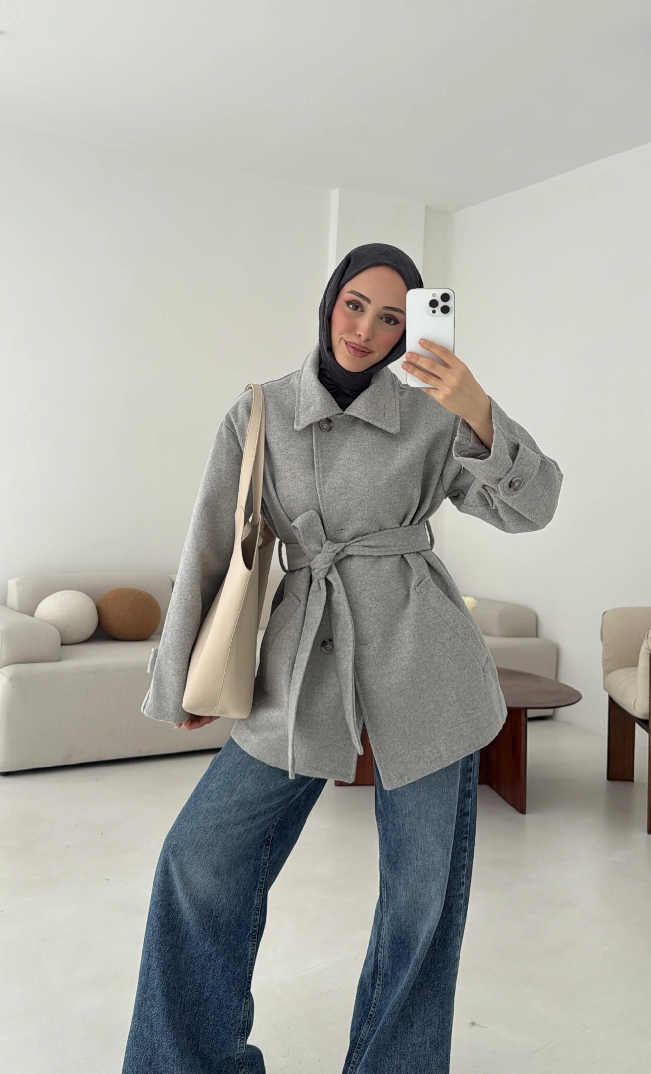 Gri Orta Boy Kaşe Kaban