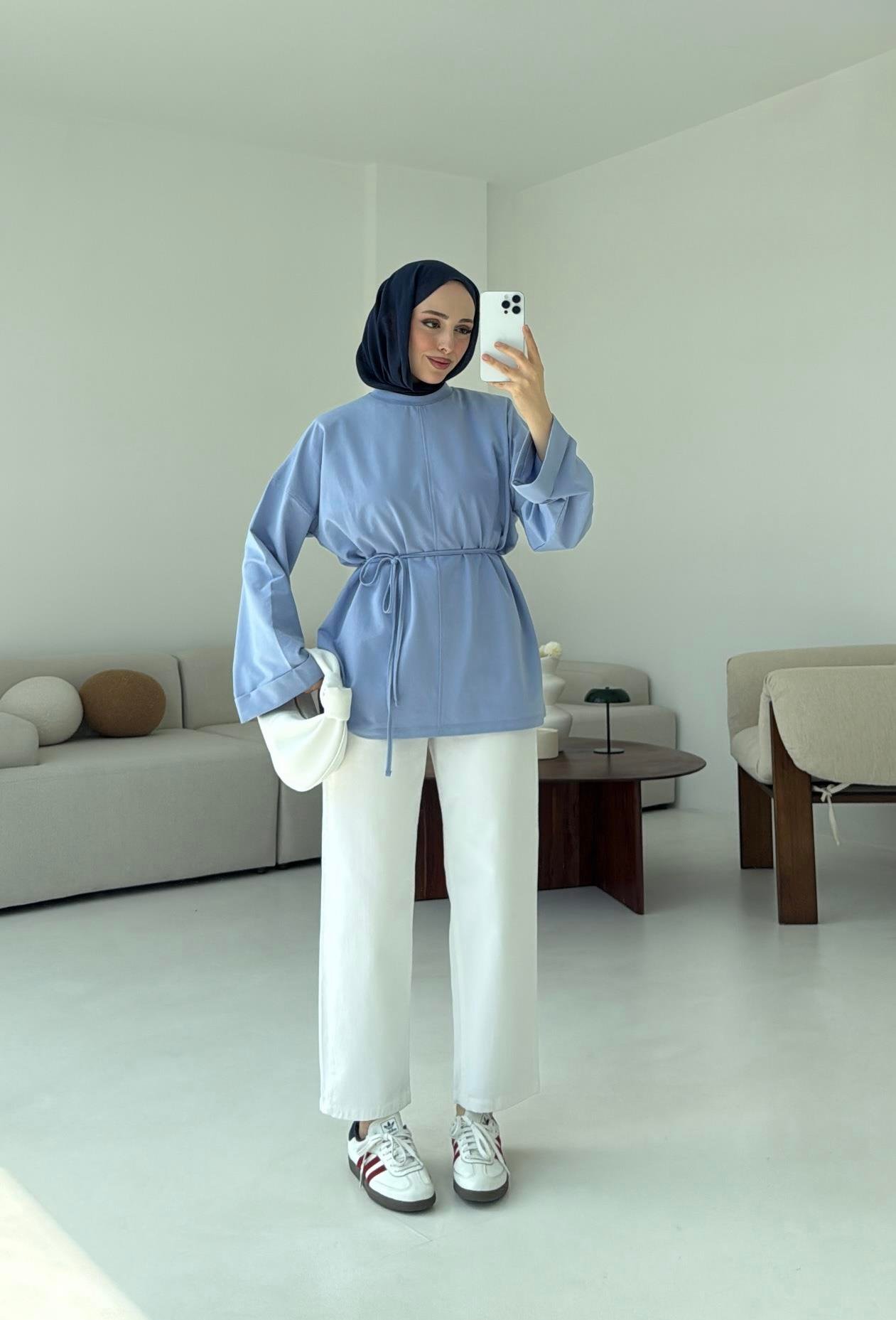 Bağlamalı Yanı Yırtmaç Detay Sweat Mavi