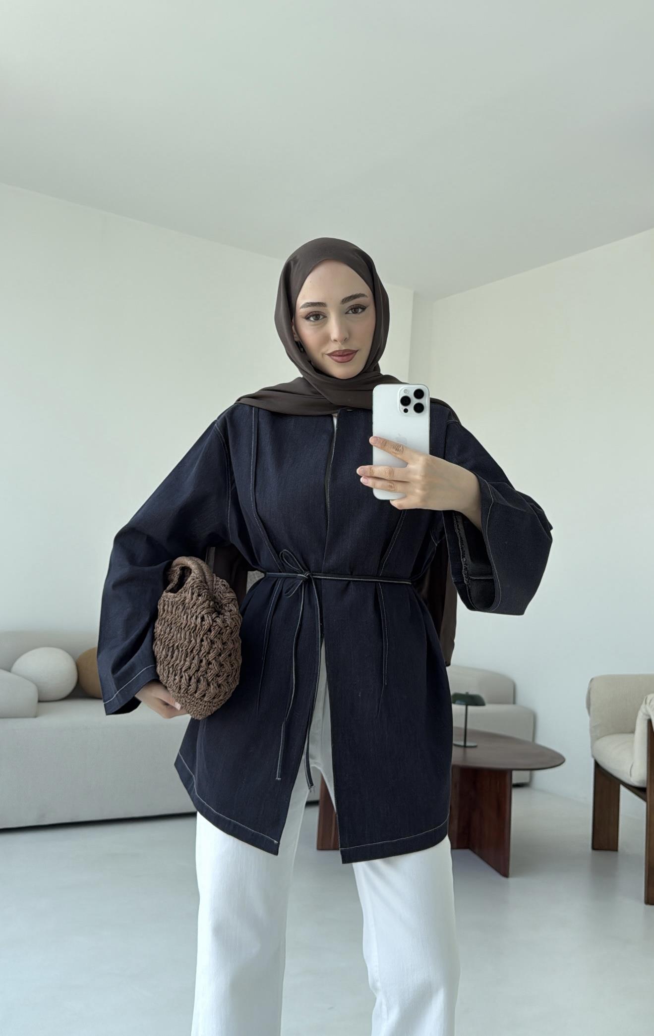 Biyeli Kot Kimono/Ceket Lacivert