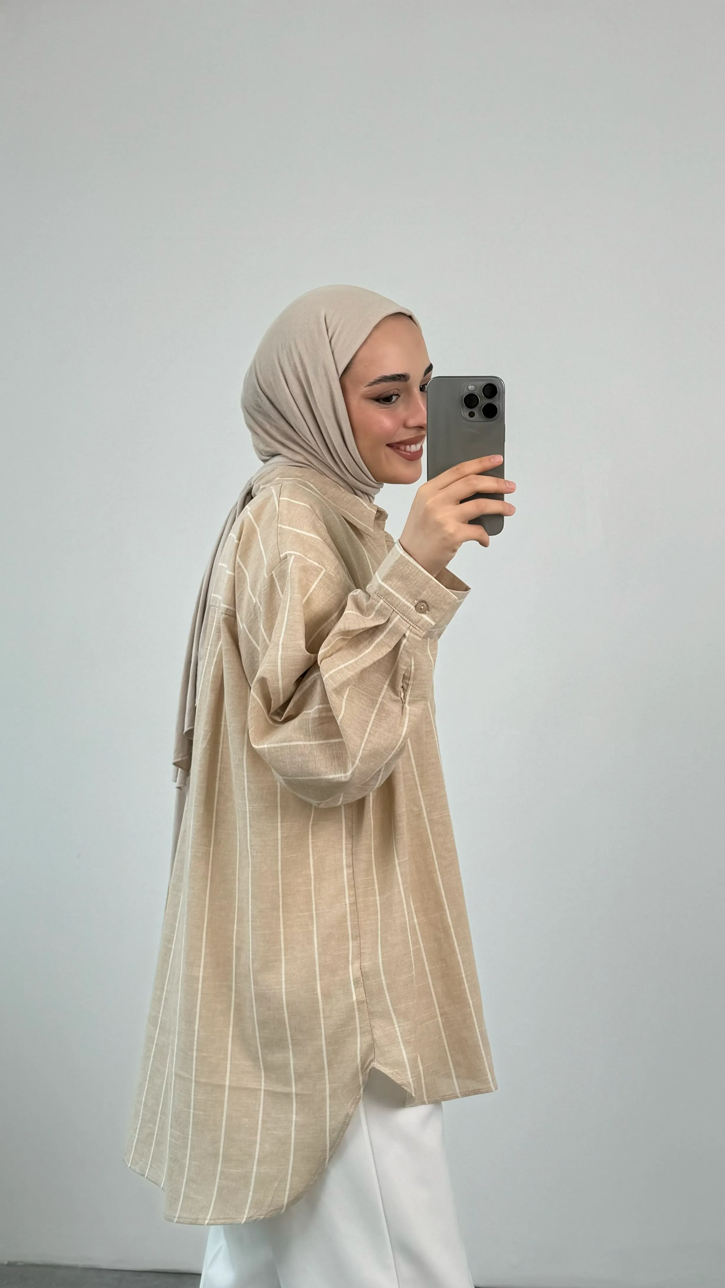 Keten Bej Çizgili Gömlek