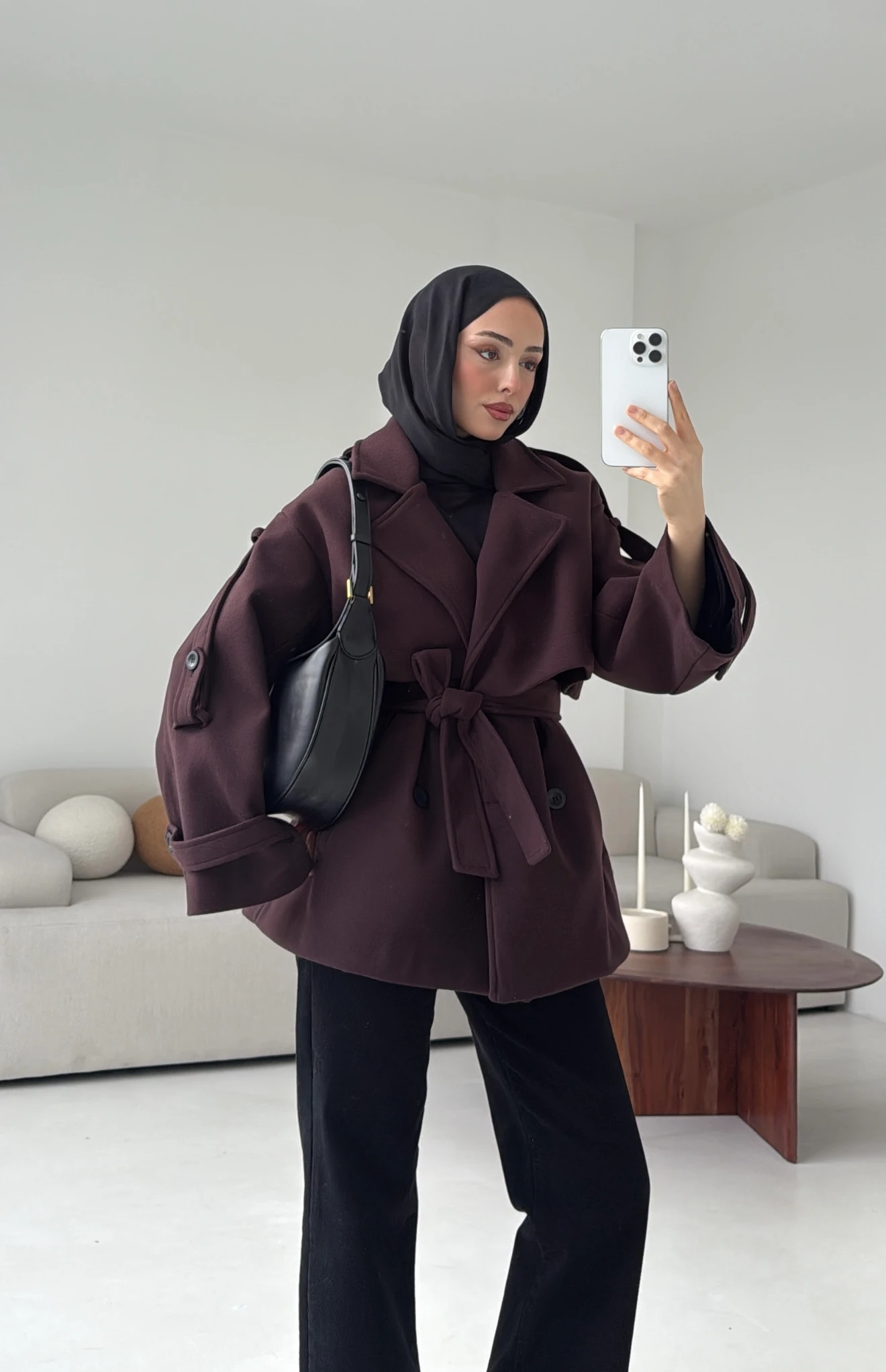 Mürdüm Düğmeli Kol Manşetli Kaşe Kaban