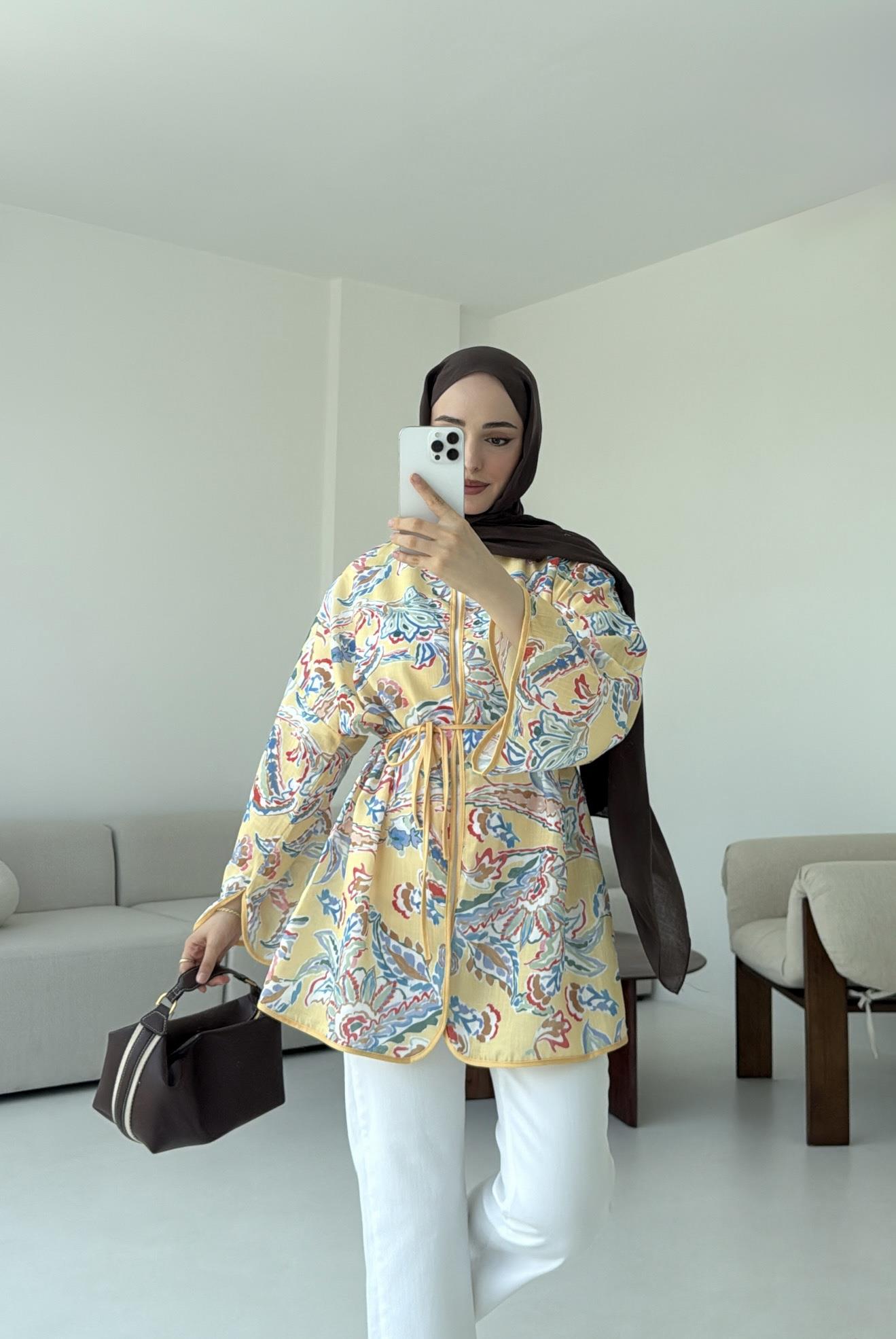 Dijital Baskılı Kimono Sarı