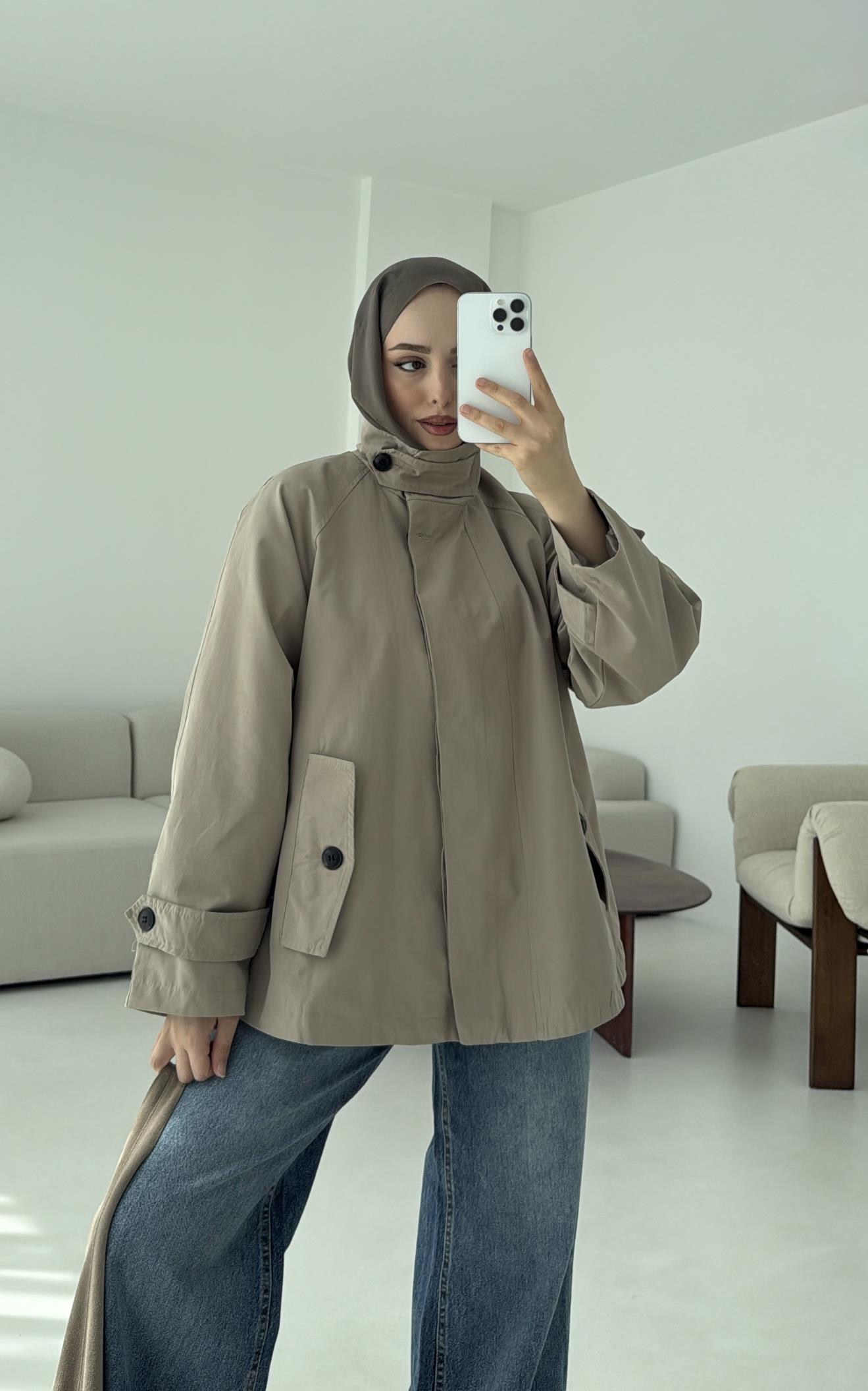 Minimal Yakalı Trençkot Vizon