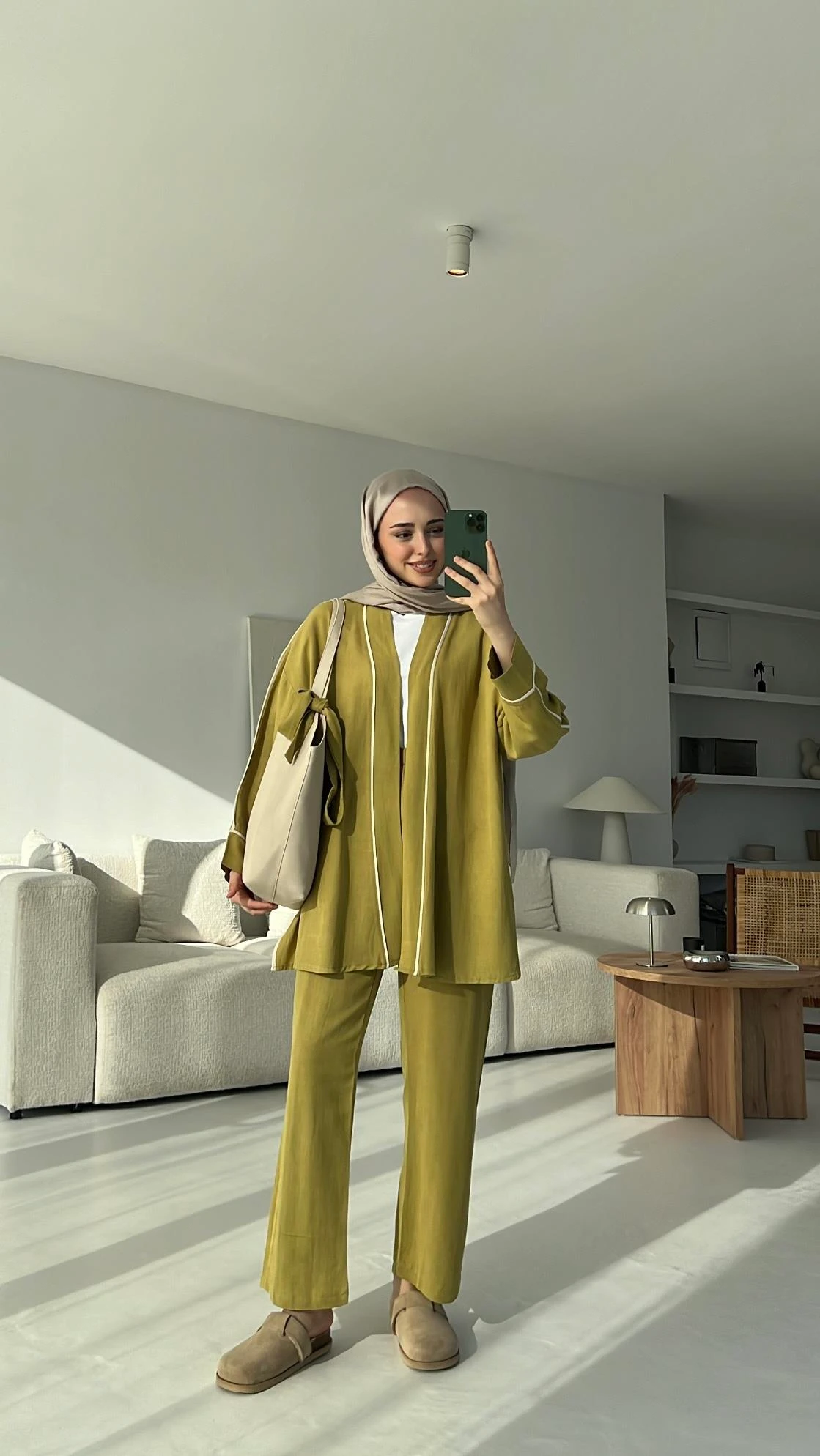 Ara Biyeli Keten Takım Yağ Yeşili