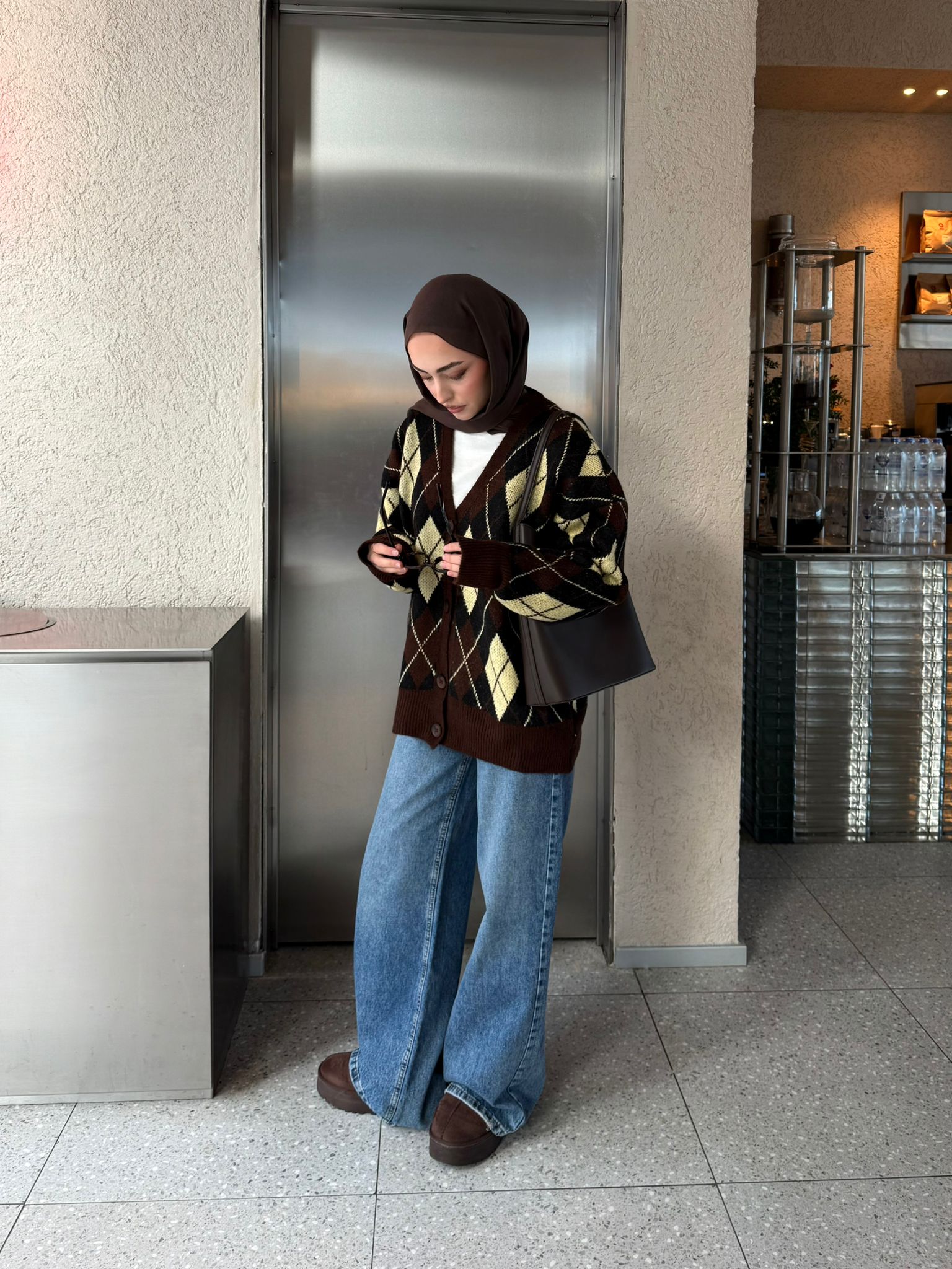 Baklava Jakarlı Hırka Kahve/Sarı