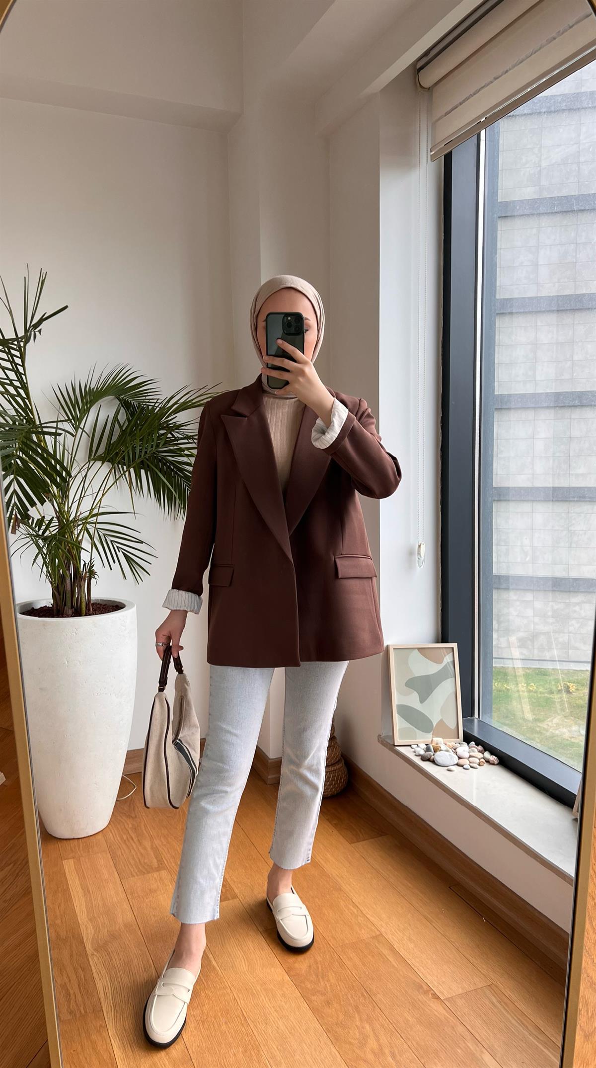 İç Astarı Çizgili Blazer Ceket Kahve