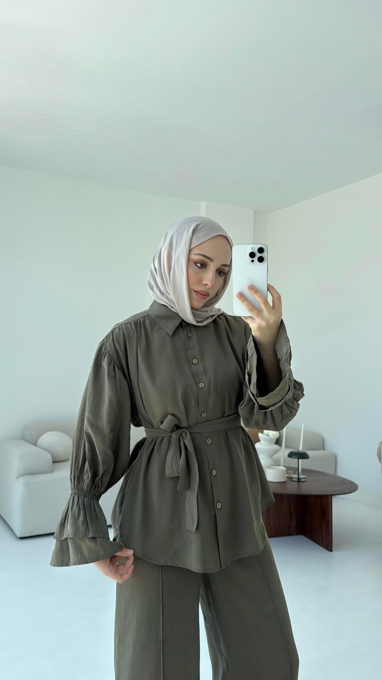 Büzgülü Oversize Gömlek Takım Haki