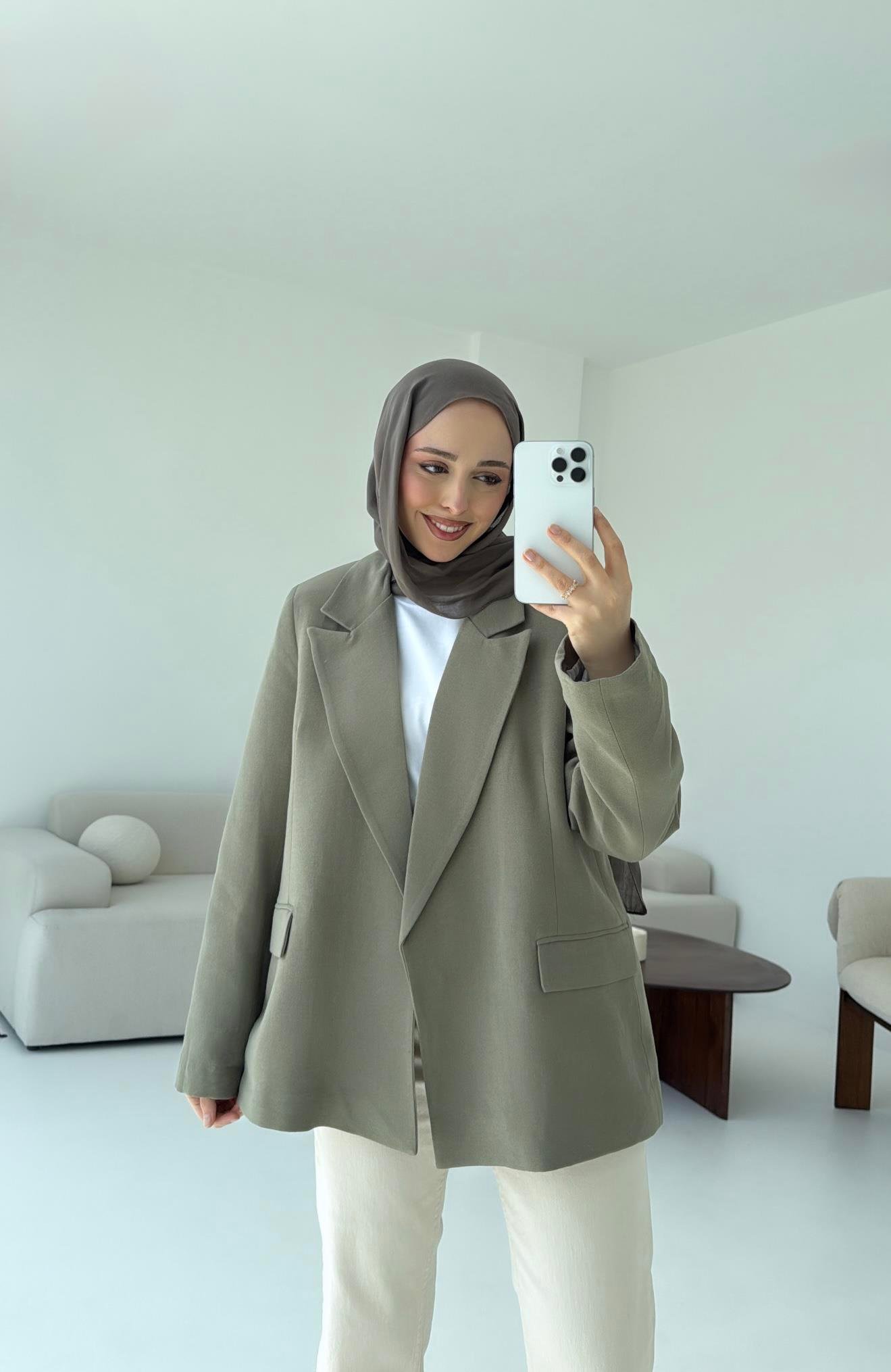 Keten Kolu Katlamalı Haki Blazer Ceket