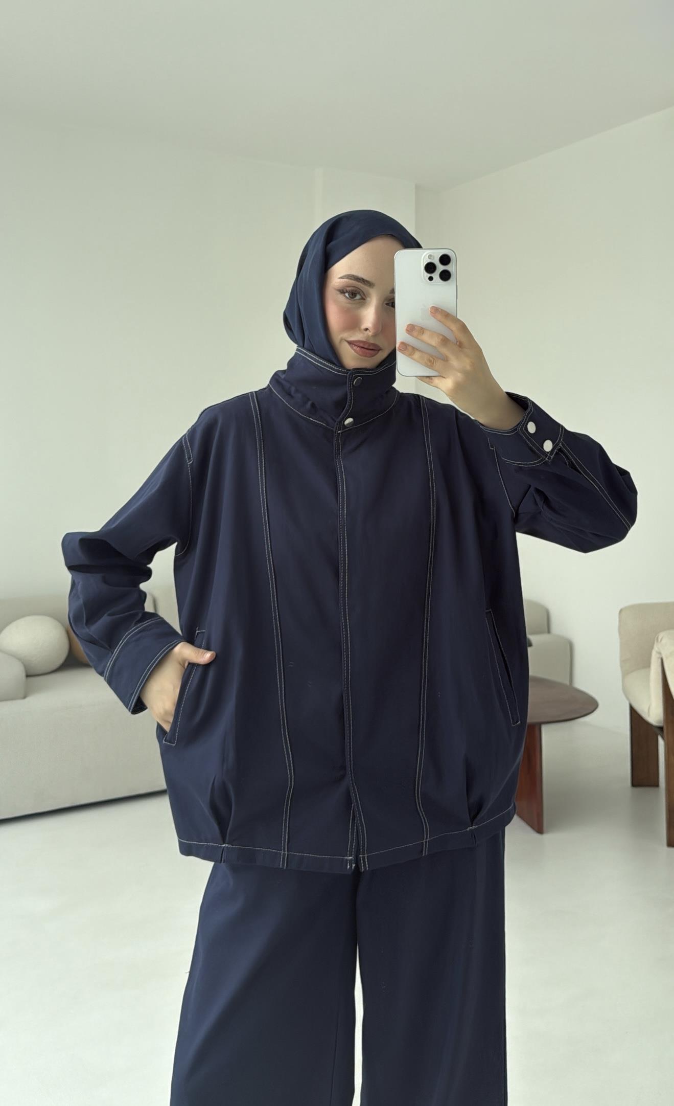 Kontrast Dikişli Gabardin Takım Lacivert