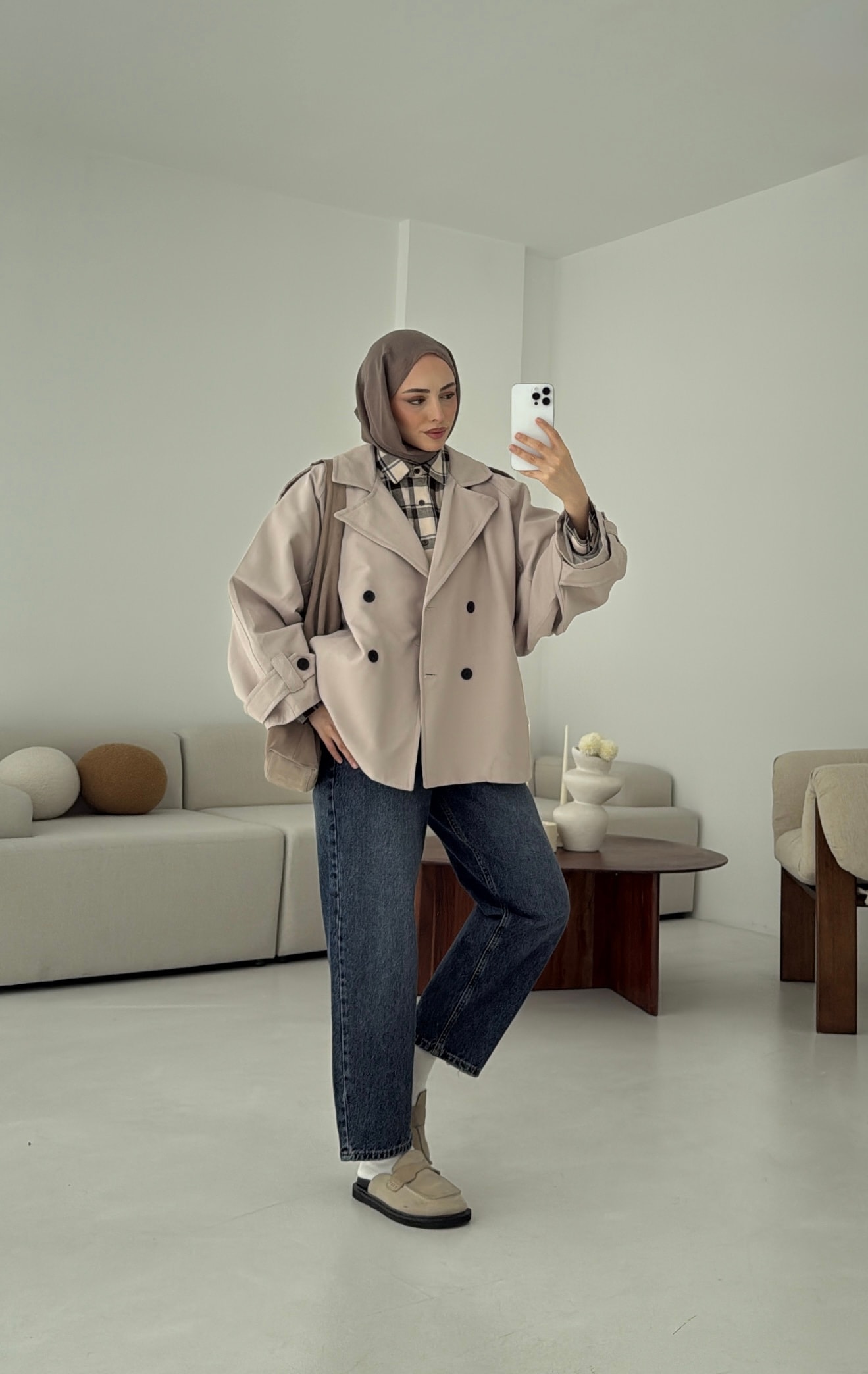 Geniş Kol Oversize Trençkot Taş