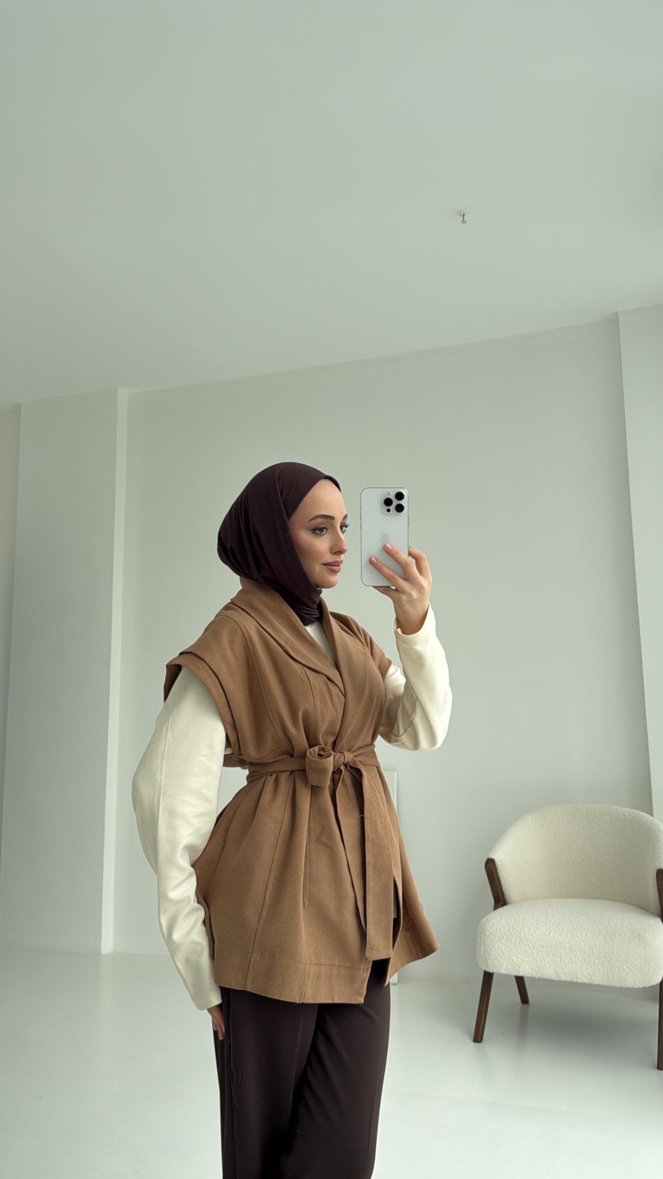 Gabardin Bağlamalı Yelek Taba